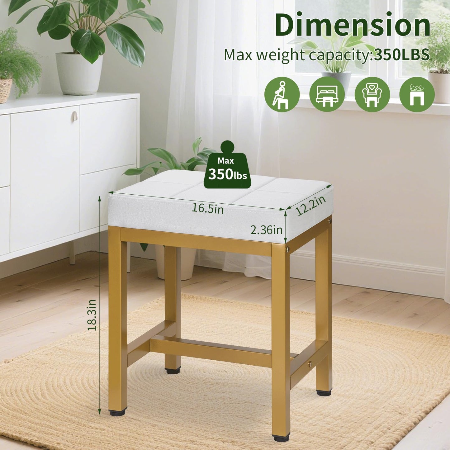 FLYZC Vanity Stool, Vanity Chair for Makeup Room, Square Linen Small Ottoman Foot Stool with Metal Legs, Modern Makeup Chair for Bedroom, Living Room, Gold & Off White
