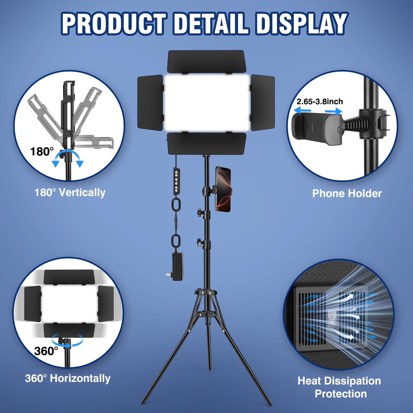 2 Pack LED Video Light Kit with Barn Door, Kewaiaa 30W Photography Light Panel with Stand, 3000Lux 2500K-8500K Dimmable Studio Lights for Video Recording/Filming/Photoshoot Shooting/Live Streaming