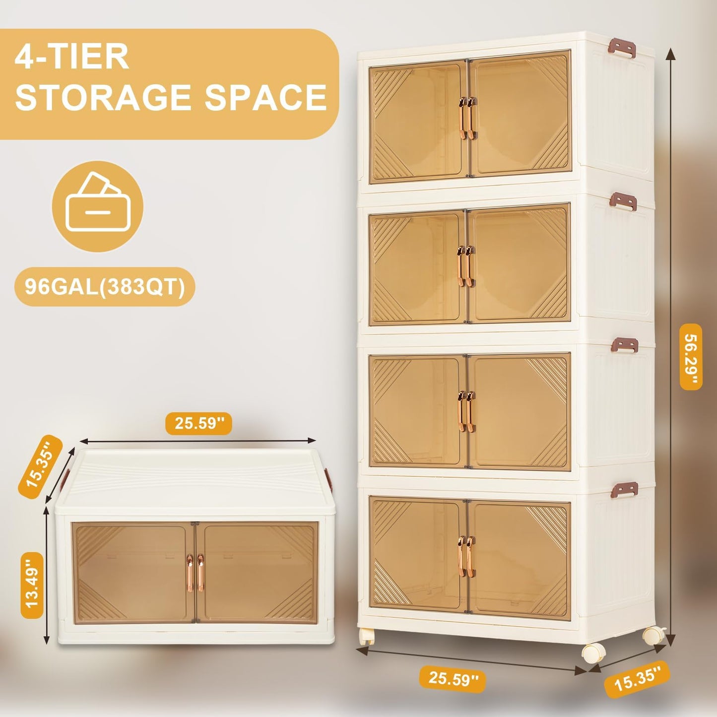 TIRUSS 25" Wide 4-Tier Rolling Storage Bins with Lids,383QT Collapsible Stackable Storage Cabinet with Wheels,Foldable Closet Organizers,Plastic Storage Drawers for Home, Bathroom, RV Essentials