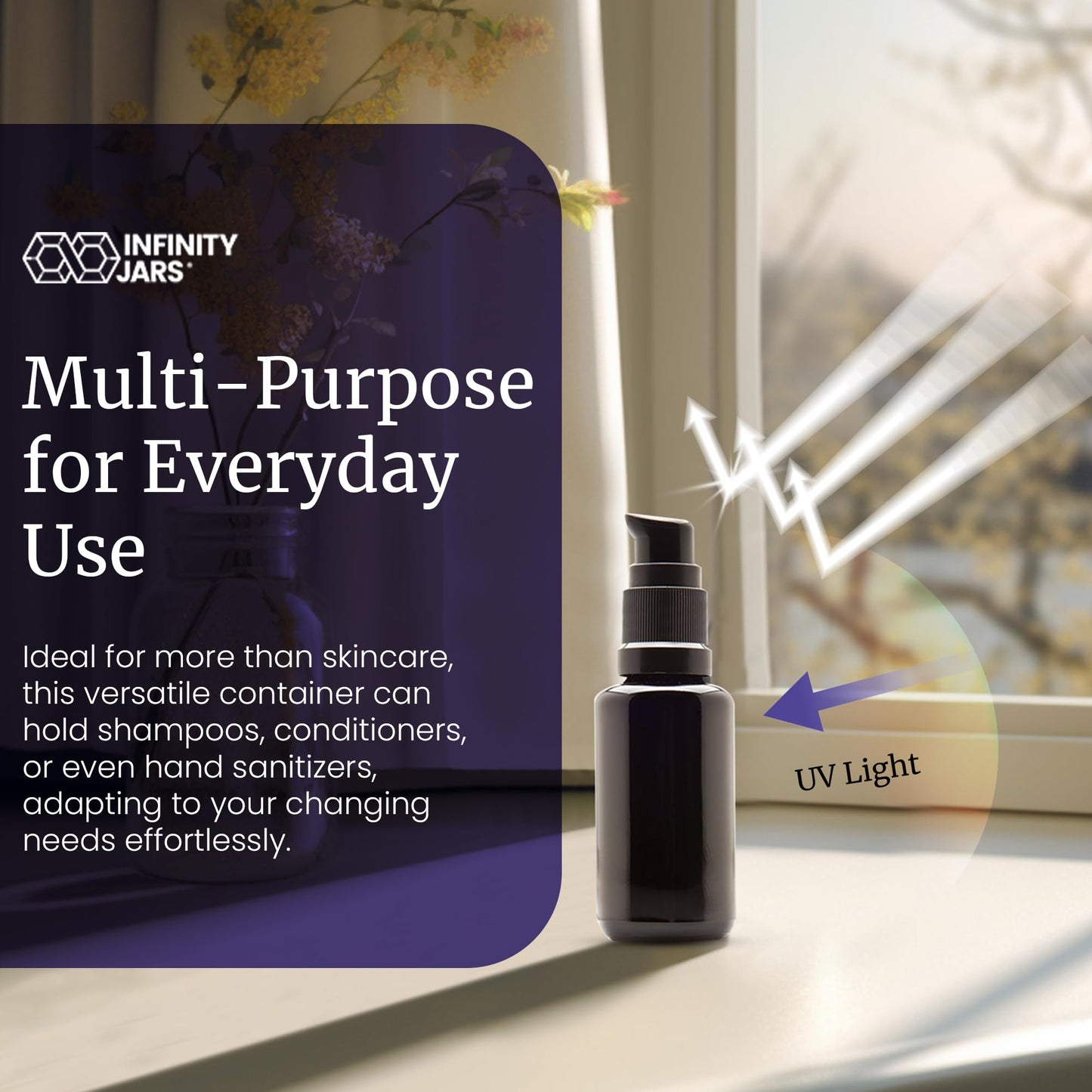 Infinity Jars Ultraviolet Glass Push Pump Bottle 30 Ml (1 fl oz) Refillable Containers for Lotion Homemade Cosmetics Make-up Skin Care Cream, Lotion, Shampoo, Conditioner Dispenser Bottles