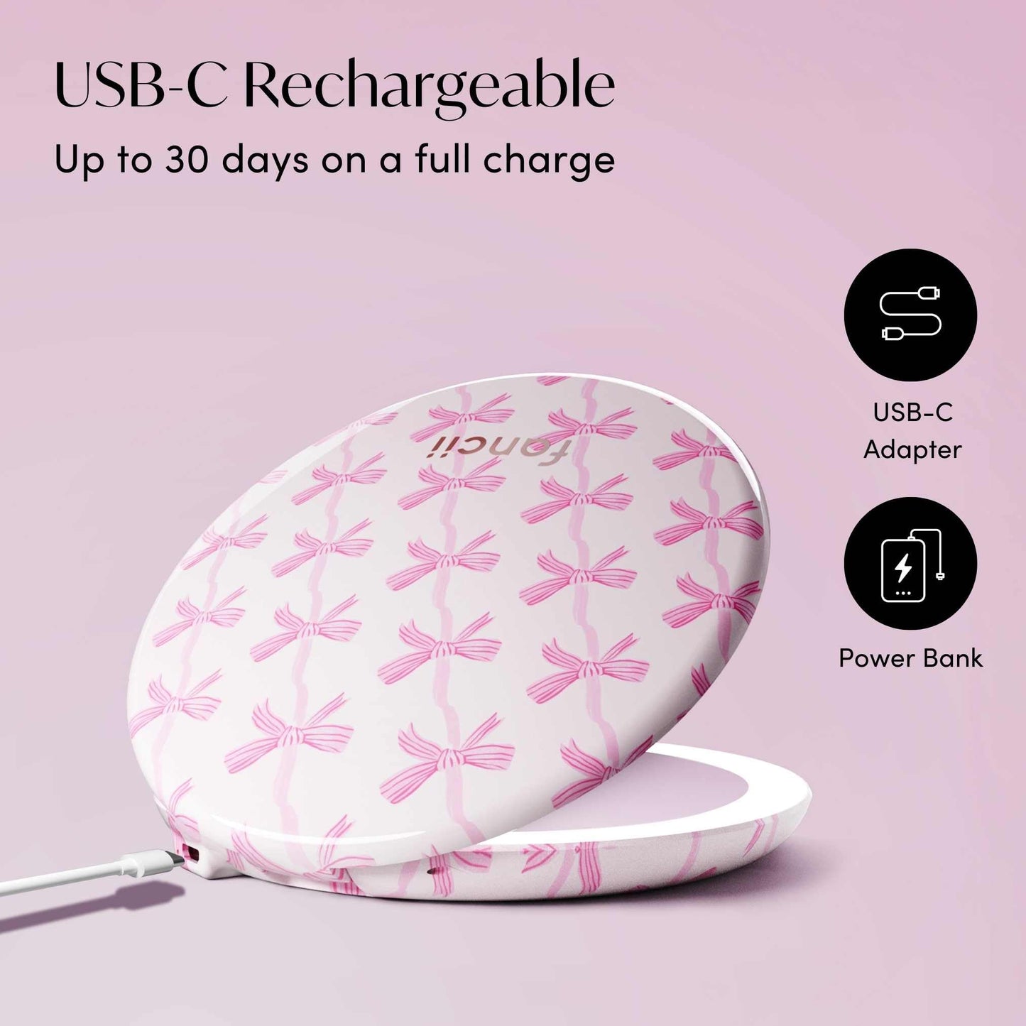 Fancii Taylor LED Lighted Travel Makeup Mirror, Rechargeable, 10x /1x Magnifying, Tru-Glow Lighting System, XL Large 5” Wide | Compact Mirror for Purses (Rosette Ribbon)