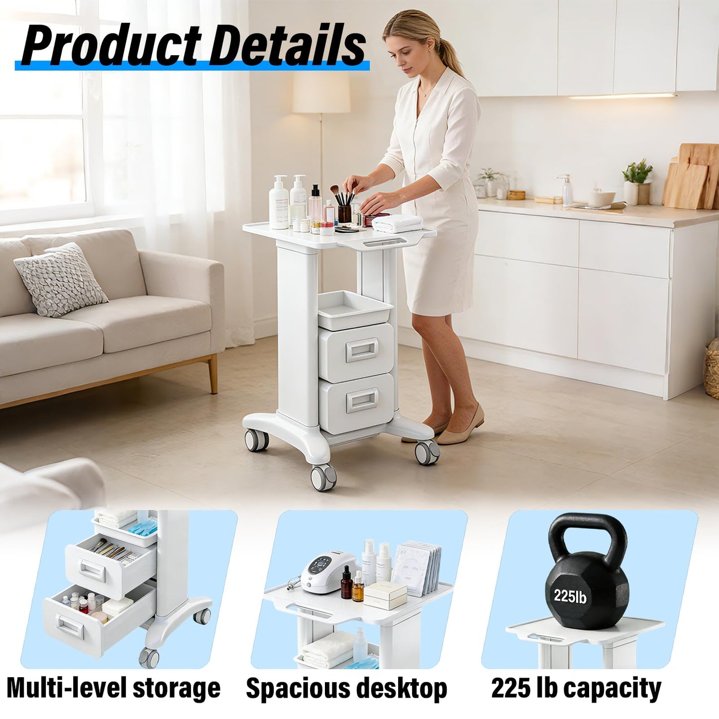 Medical Trolley Cart Mobile with Drawers, Hospital Ultrasound Cart with 4 Silent Swivel Wheels, Portable Medical Trolley Carts, 225 LBS Load, for Beauty, Salon, Clinic and Lab (White, Double Drawer)