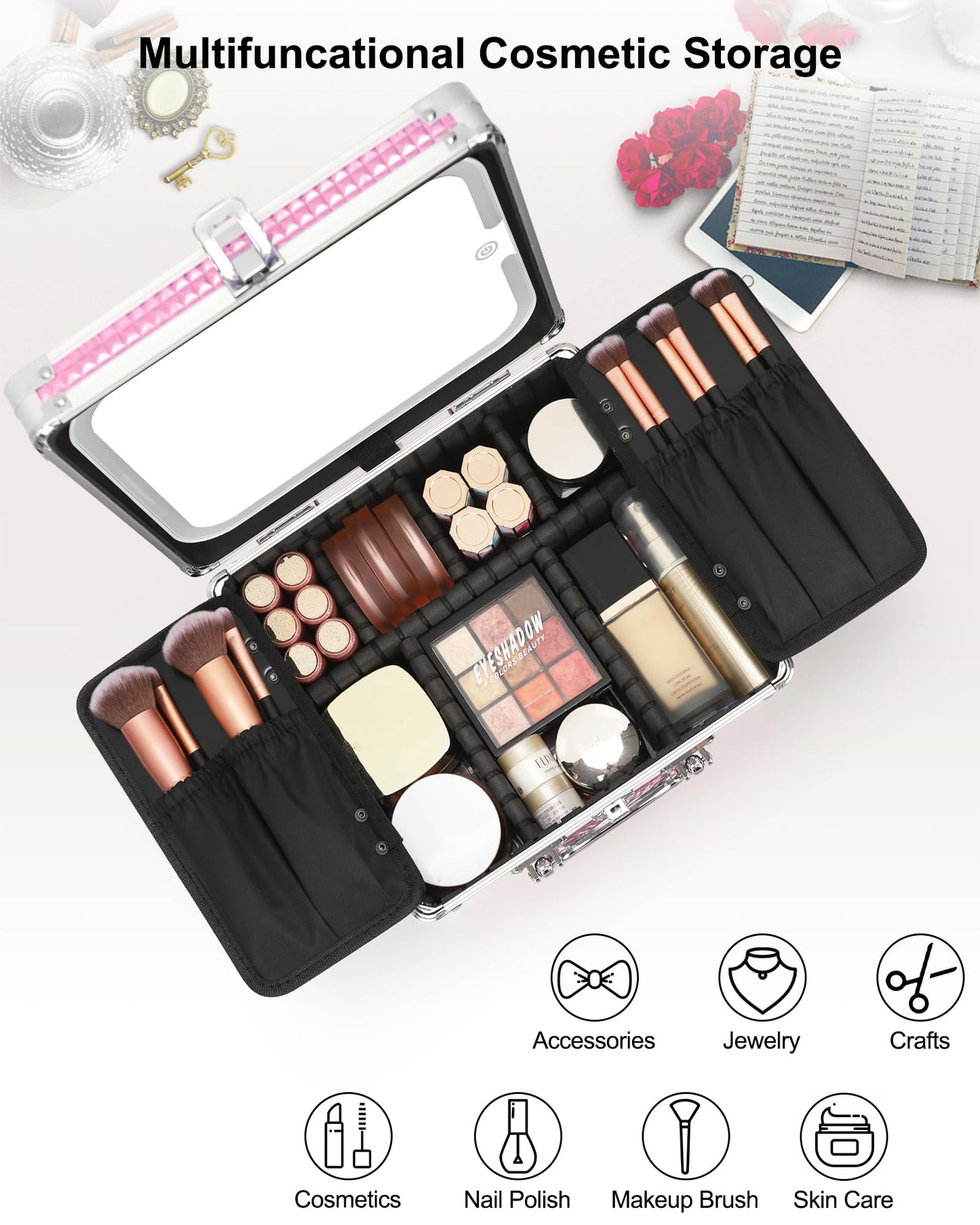 Relavel Makeup Bag with LED Mirror, Makeup Box Travel Train Case with Rechargeable Lighted Mirror, Cosmetic Brush Organizer Storage for Makeup Artists Gifts for Women and Girls, Pink