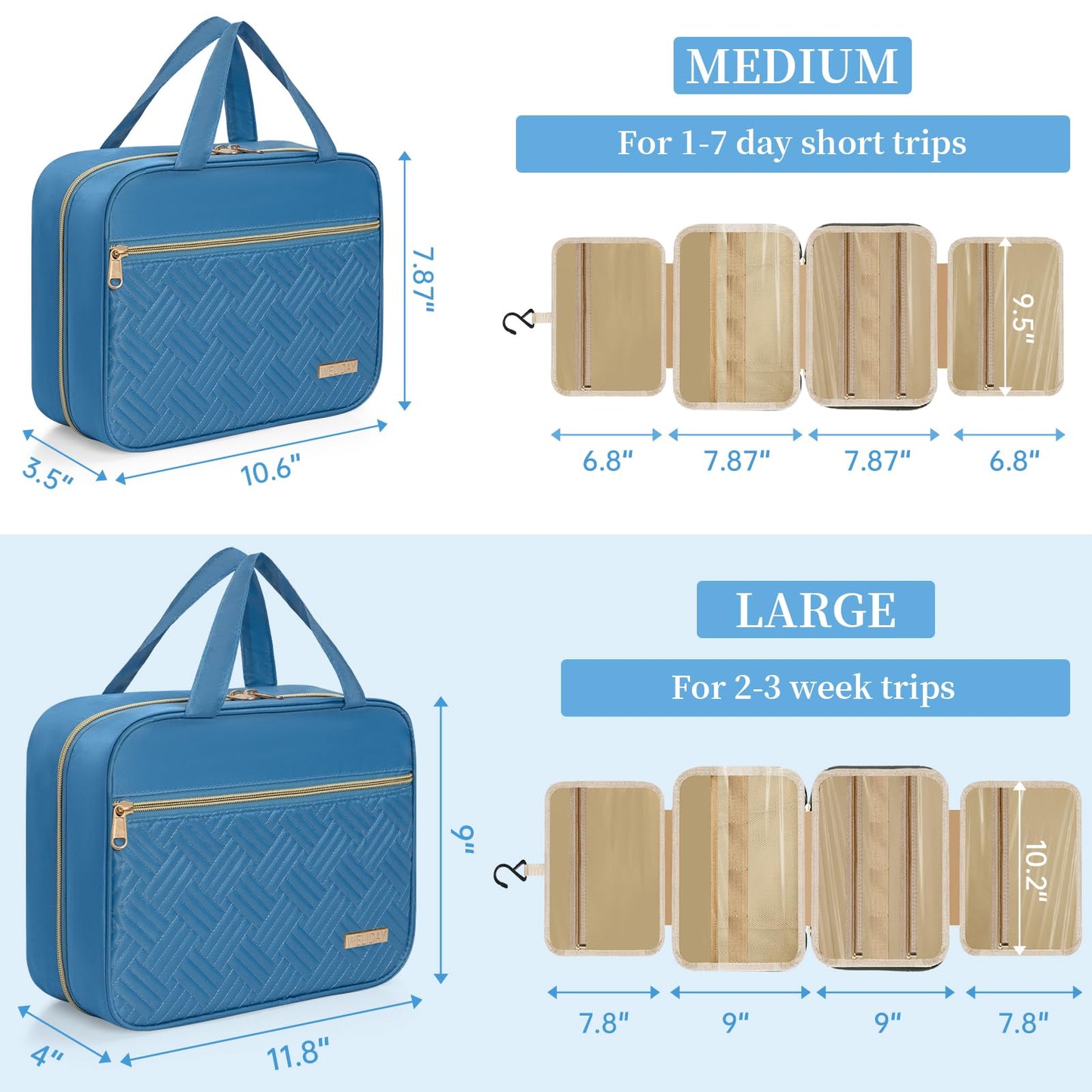 WELIDAY Travel Toiletry Bag for Women & Men Water Resistant Makeup Bag with Hanging Hook Portable Travel Organizer for Travel Accessories, Travel-Sized Shampoo, Toiletries (Large-Blue)