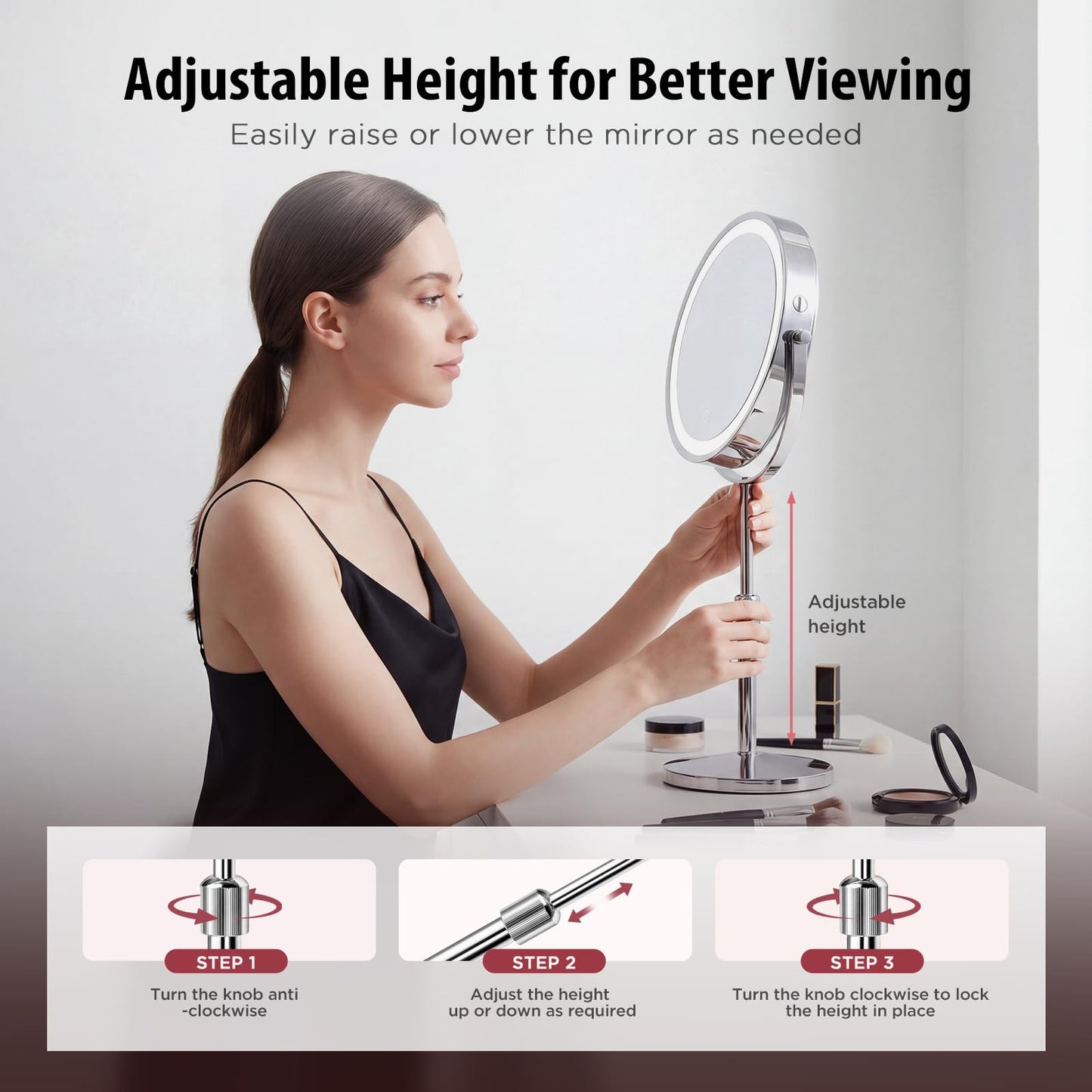 tubbede Makeup Mirror, 1X/30X Magnification with 3 Level LED Lights, 5000 mAh Rechargeable Double Sided 9” Magnifying Mirror with 360° Rotation, Perfect for Precision Grooming and Makeup, Women Gift