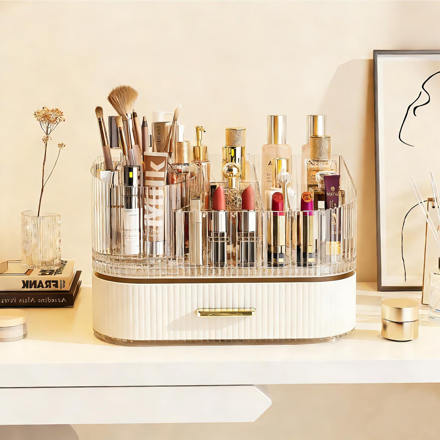 Makeup Organizer with 360° Rotating Brush Holder and Stackable Drawers, Cosmetic Display Case for Vanity, Bathroom Countertop (White, 2 Layer)