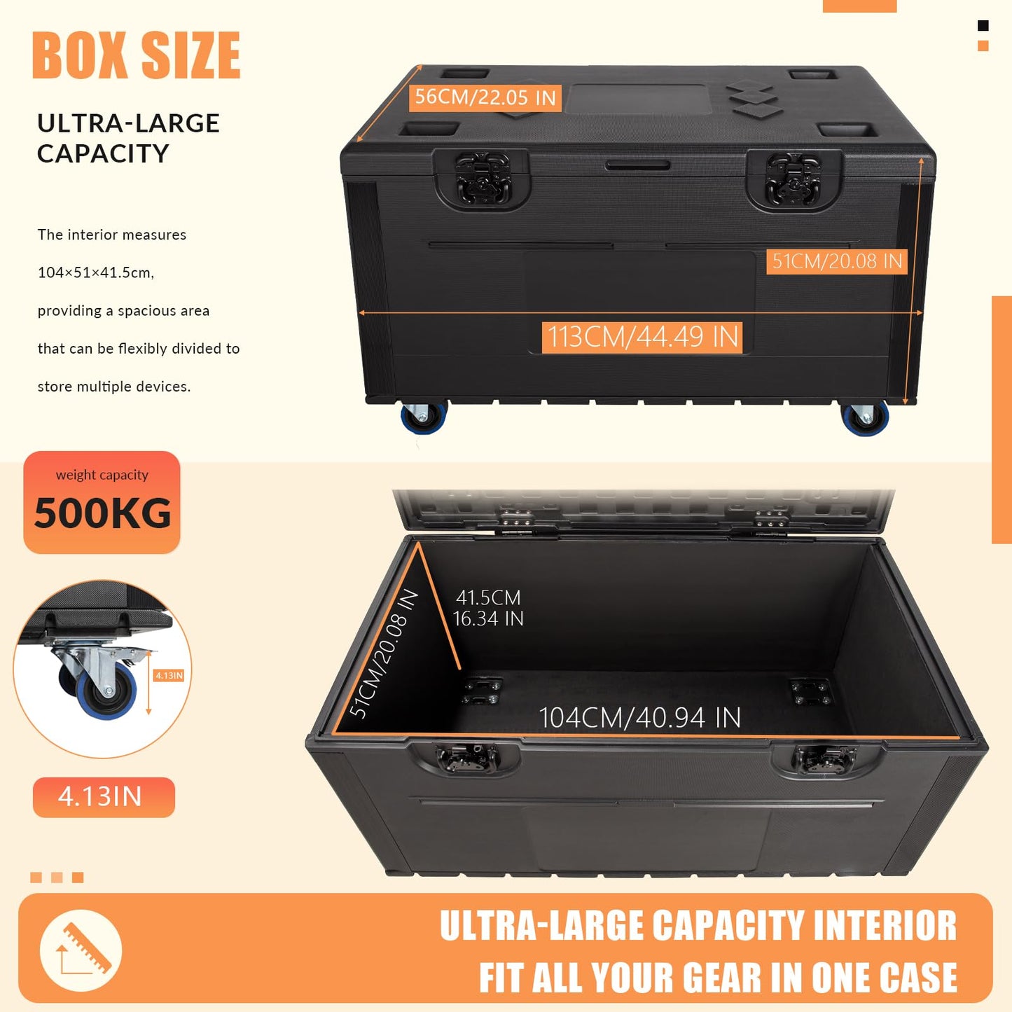 Muscab Heavy Duty Road Case with Wheels, 44.5"x22.05"x20.08" Stackable Rolling Case Utility Cable Trunk Storage, ATA Rolling Storage Equipment Case for Pro Audio (Requires Assembly)