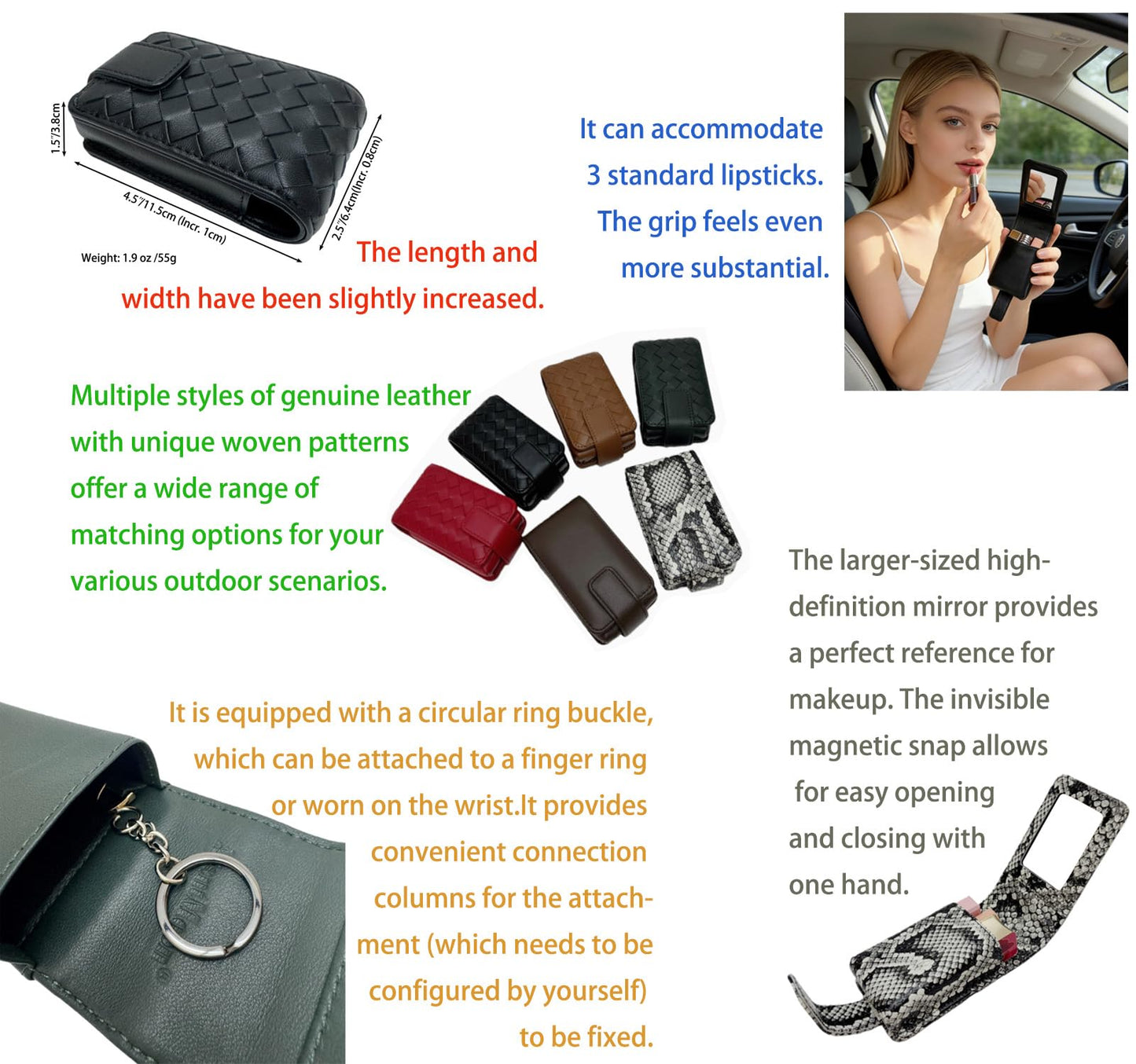 AgentMoon Luxury Handheld Lipstick Pouch with Mirror,Genuine Leather Lip Balm Case with Clamshell Magnetic Hidden Clasp and Hook for Chain.Portable Travel Cosmetic Case for Women Gift. (Red Woven)
