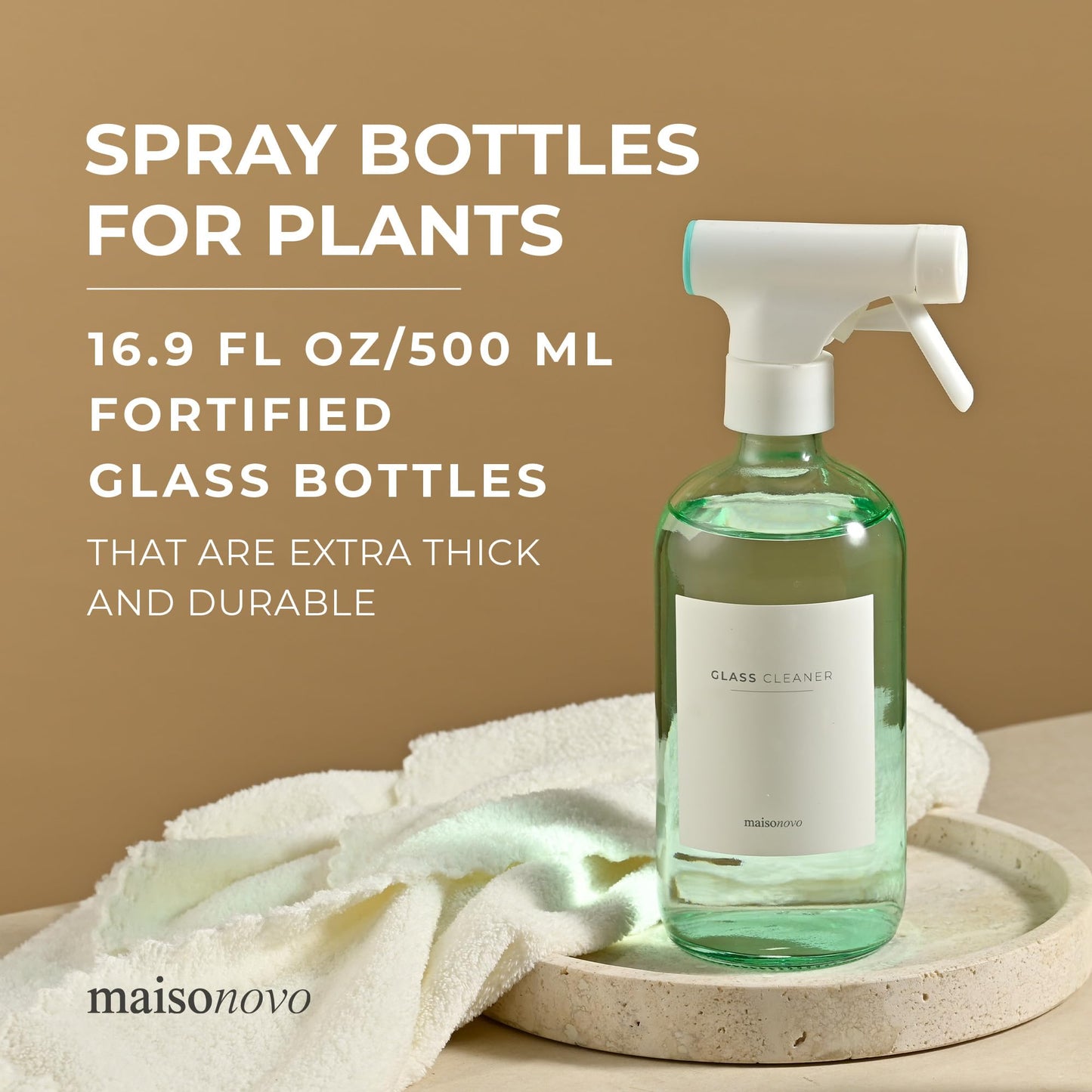 MAISONOVO Green Glass Spray Bottle 16 oz Pack of 2 - Green Spray Bottle for Plants with Fortified Glass & Fine Mist - Ideal for Plant Care, Gardening, Misting, Seedlings & Indoor Plants - 16 Labels