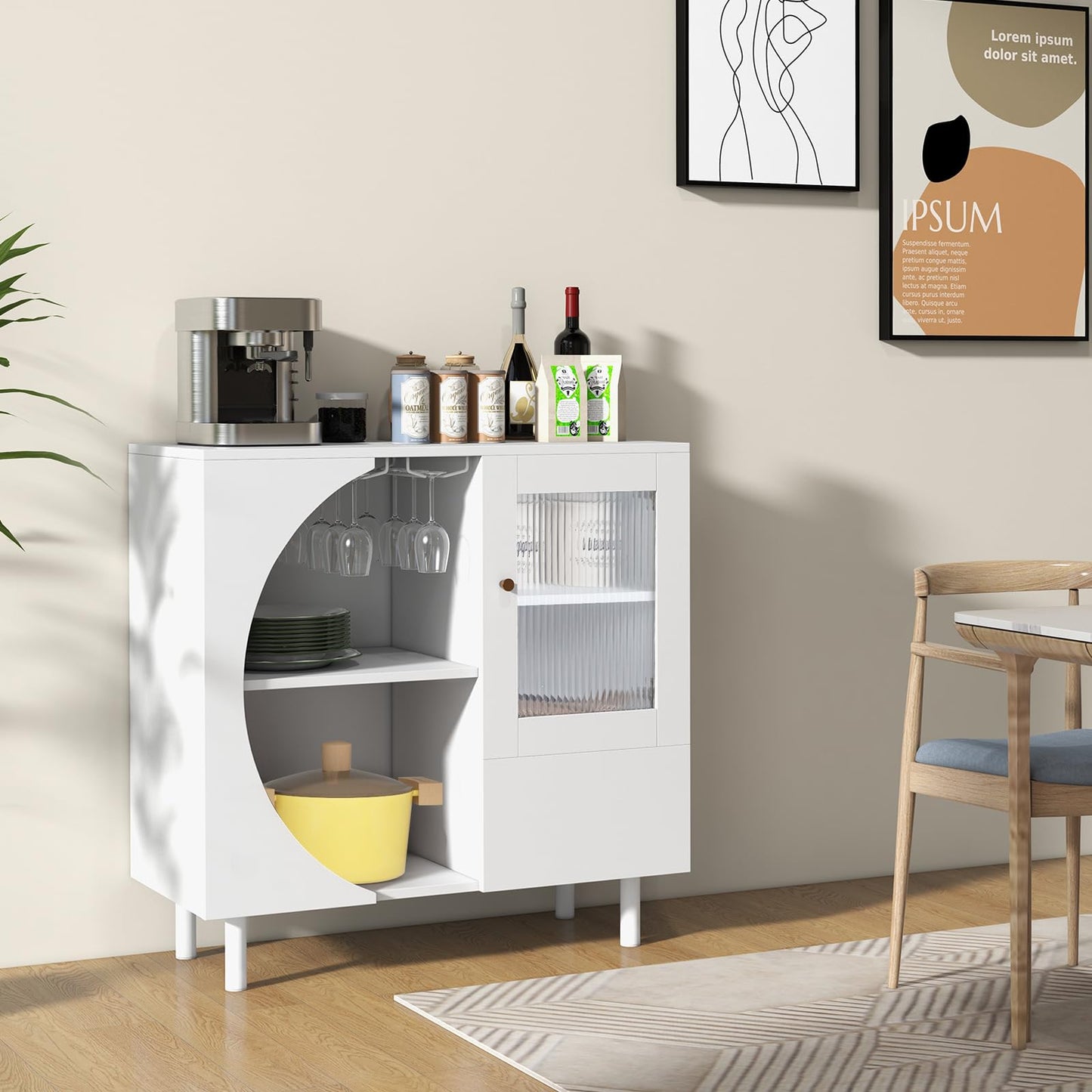 LOKO Buffet Cabinet with Storage, Wine Bar Cabinet with Glass Holder, Tempered Glass Door & Drawer, Modern Console Cabinet, Accent Floor Storage Cabinet for Kitchen, Living Room, White