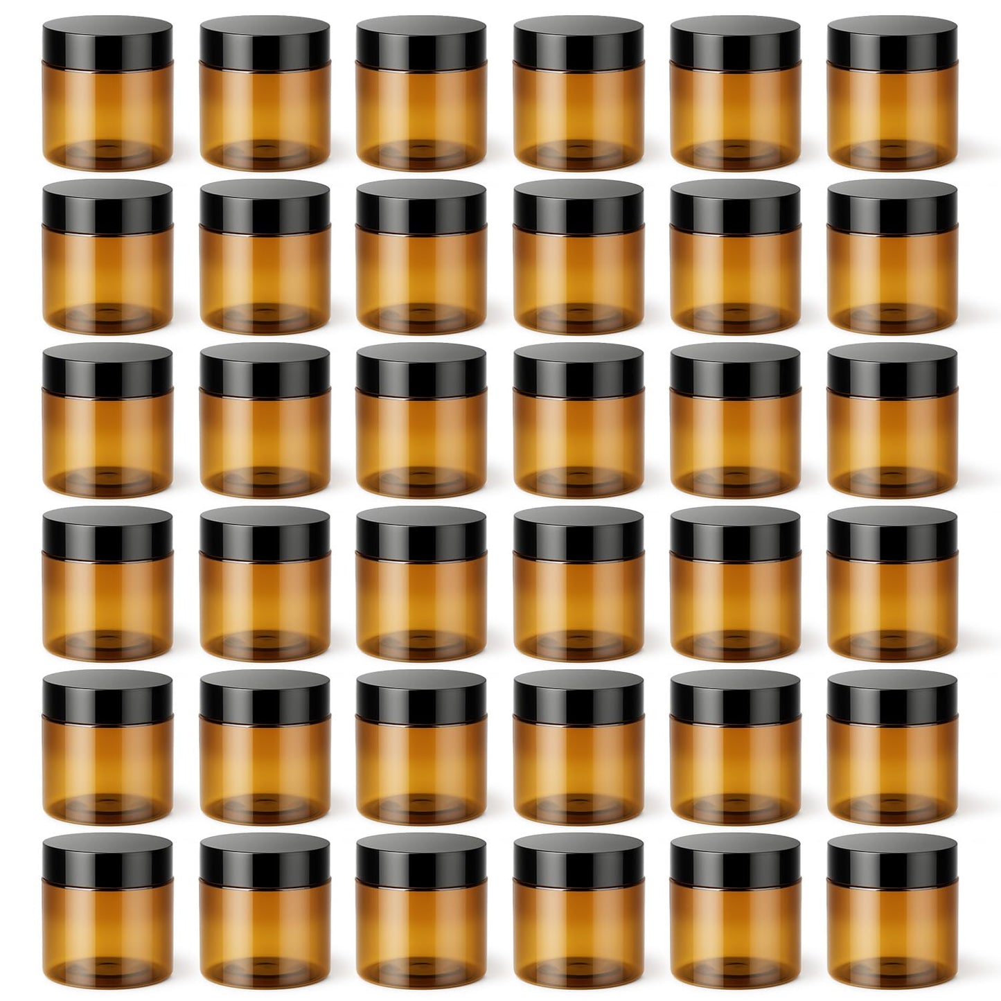 Loretoy 36 Pack 2 OZ Plastic Jars with Lids, BPA Free, Reusable, Refillable Transparent Cosmetic Containers for Bath Salts, Cosmetics, Powders, Beauty Product and Small Accessories, Brown