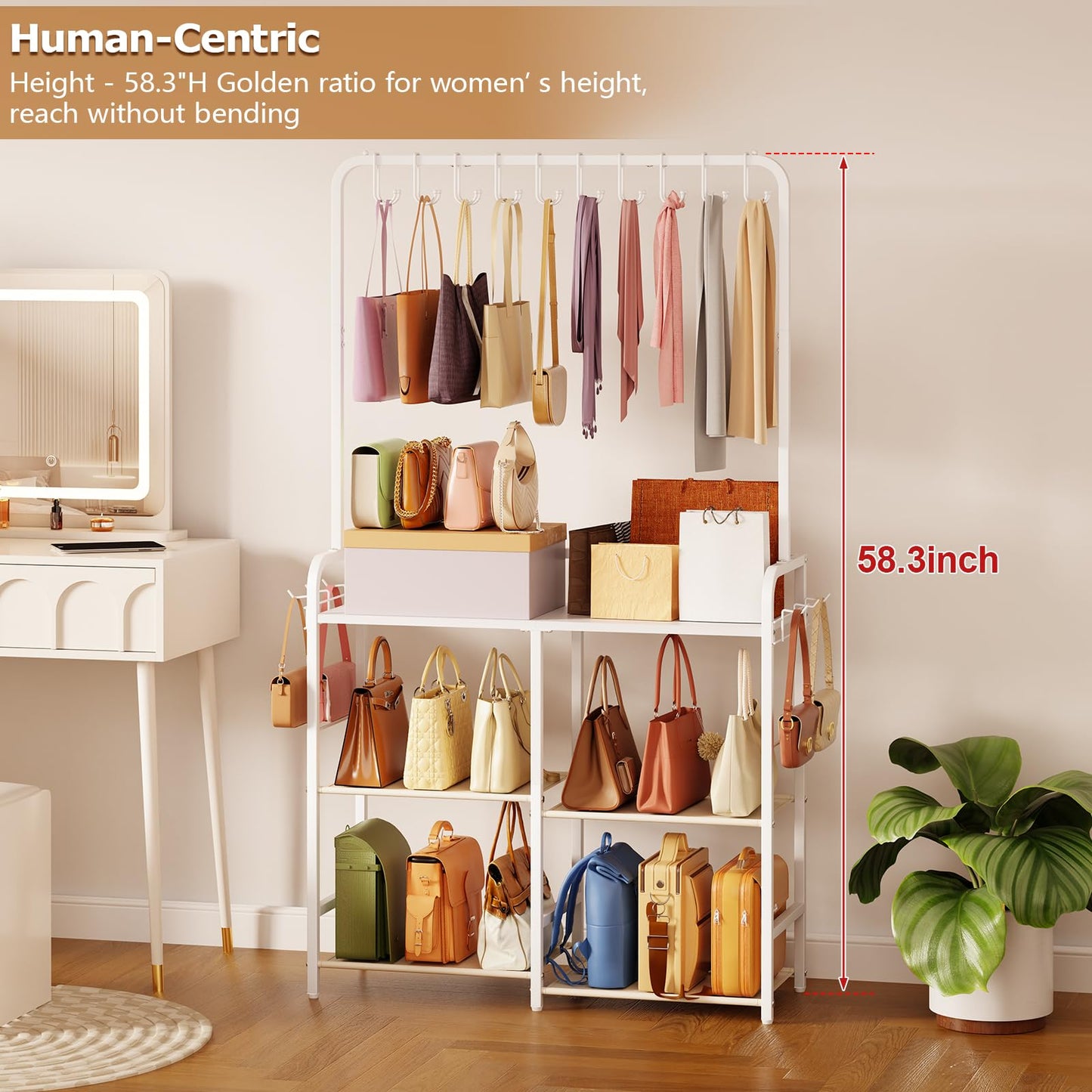Large Purse Organizer for women with 10 Purse Hanger, 3-Tier Double Row Purse Rack Stand with 6 Side Hooks for Purse Storage, Space Saving Floor-Standing Handbag Organizer for Closet & Narrow Spaces