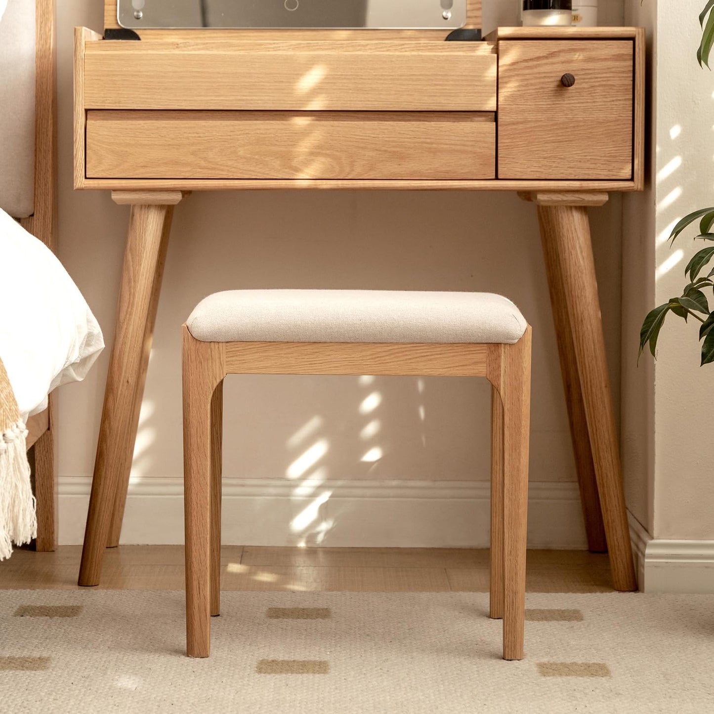 Wayshome Solid Wood Small Vanity Stool Chair, High-Rebound Sponge Seat, Easy Assembly Makeup Chair, Footstool for Bedroom, Dining Room, Entryway, Natural Oak