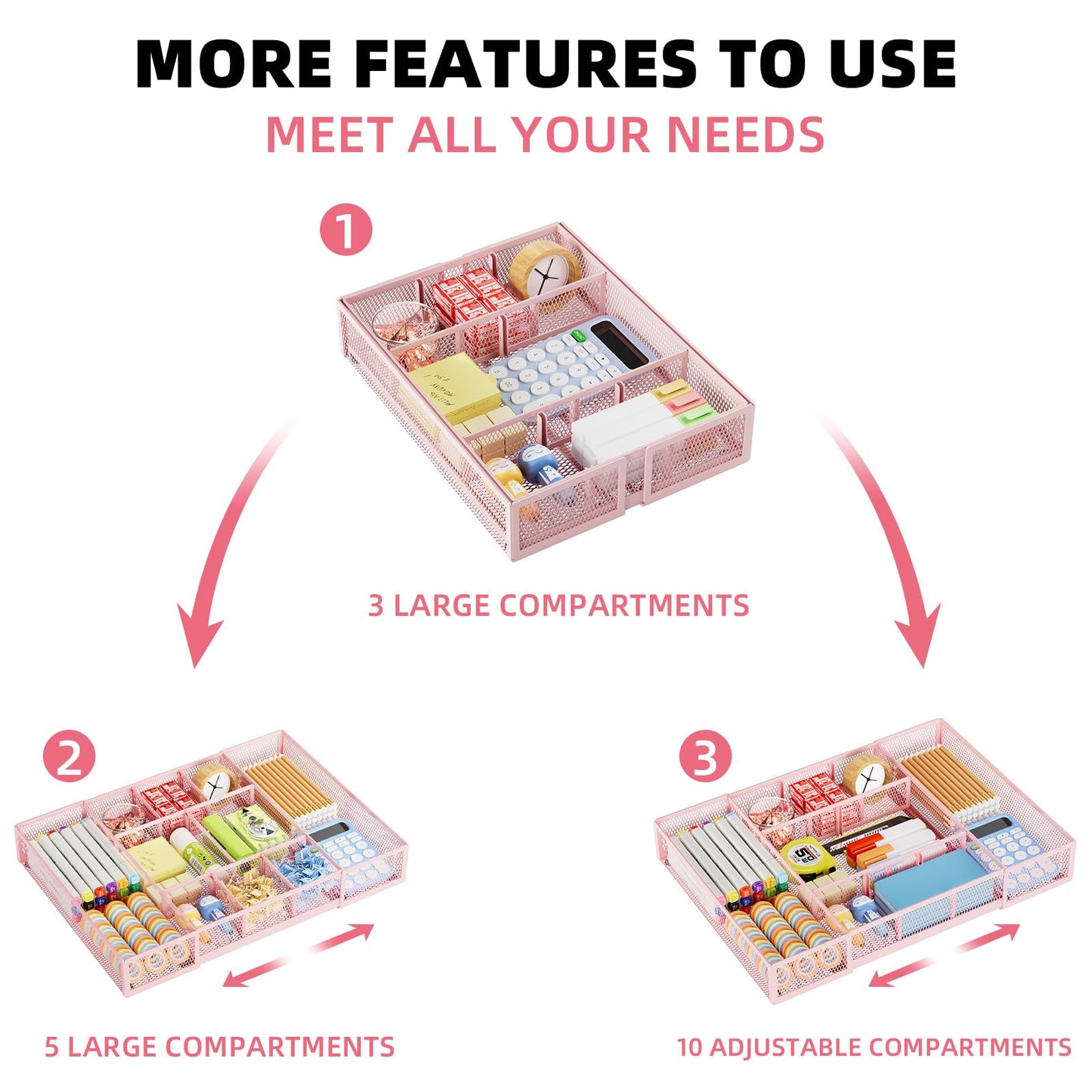 Marbrasse Expandable Desk Drawer Organizer, Mesh Tray with 10 Adjustable Compartments, Desk Organizers for Office Supplies, Makeup & Vanity (Expandable-Pink)