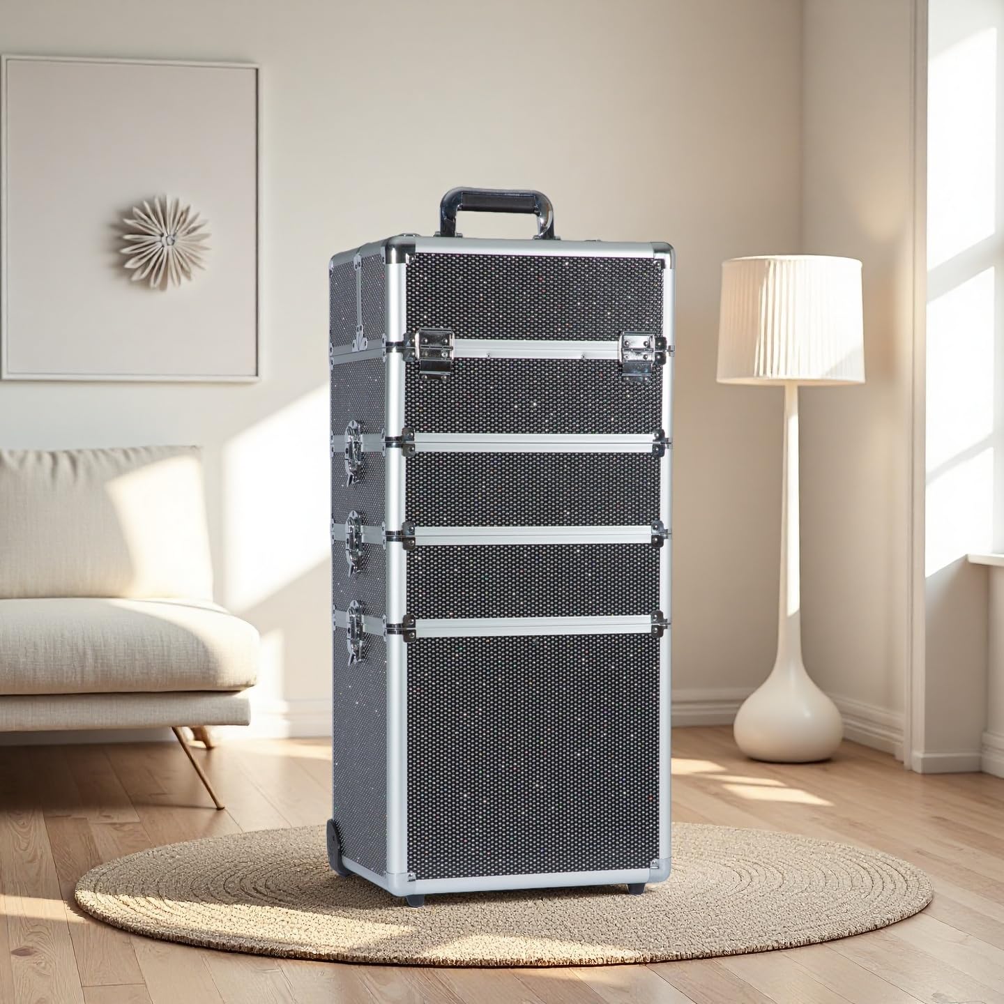 Gdsshuhung Makeup Rolling Train Case - Professional Cosmetics Organizer with Aluminum Frame, Folding Trays & Wheels, Portable for Travel & Studio (Black Diamond)