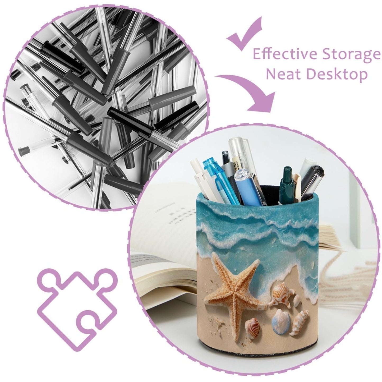 Nautical Beach Starfish and Shell Leather Pen Holder for Desk, Multifunctional Desktop Organizer Pencil Cup, Desktop Caddy Stationery Organizer for School Home Office Desk Accessories