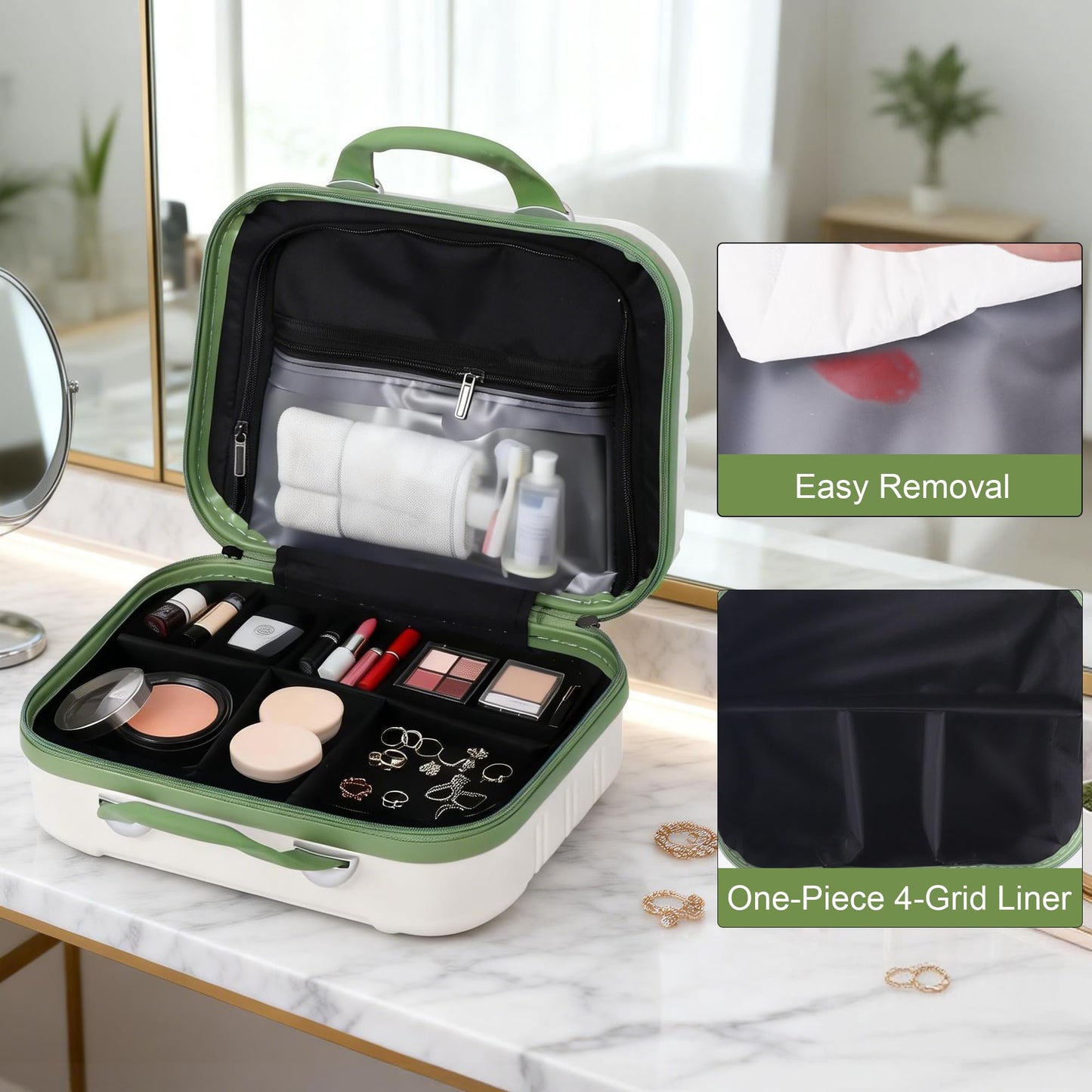 JZRTravel 14 Inch Hard Makeup Train Case PC ABS Portable Cosmetic Travel Case Mini Suitcase Organizer for Make up Toiletries Toys Clothes Storage with Handle Elastic Strap