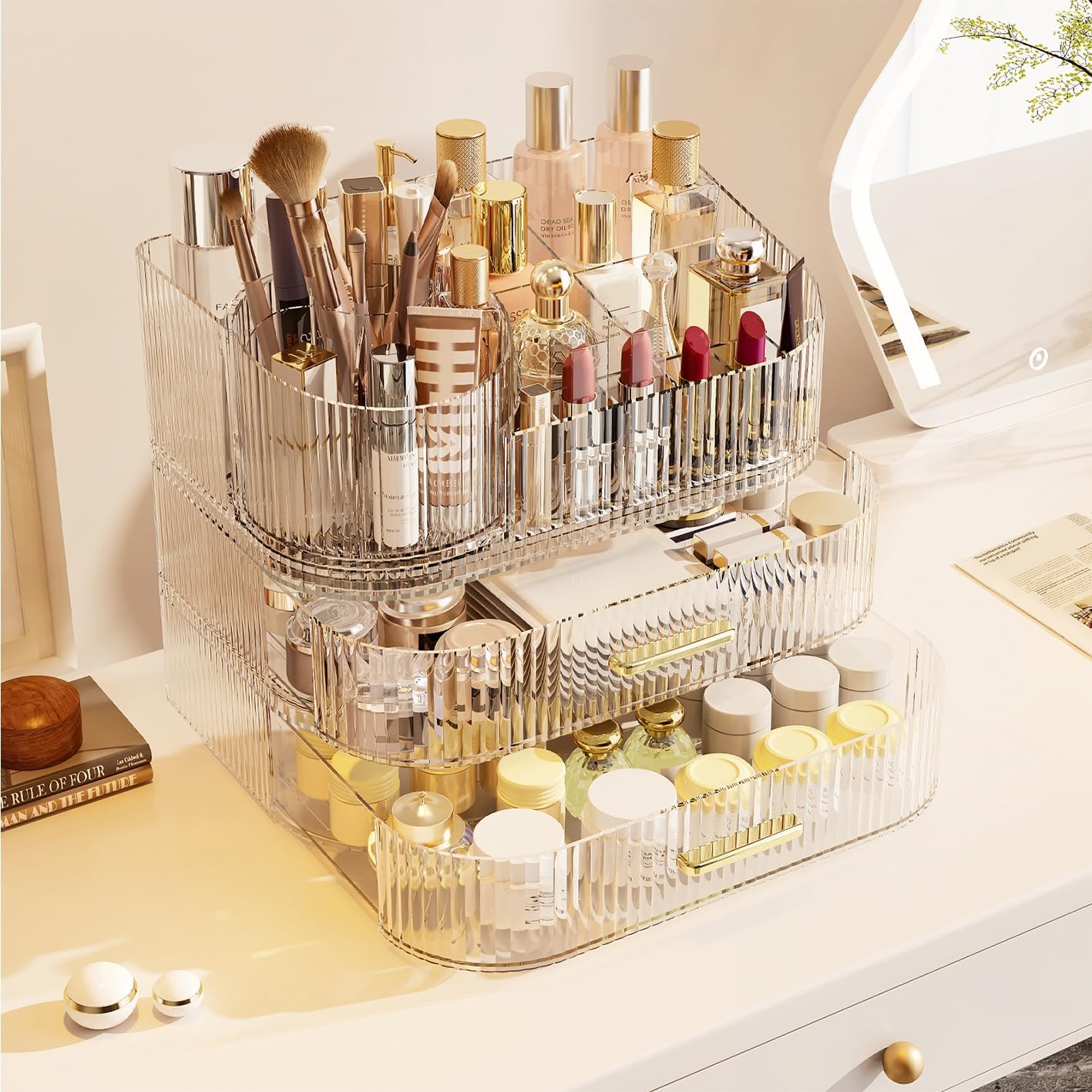 SpaceLuxe Large Makeup Organizer with Drawers, 360° Rotating Brush Holder