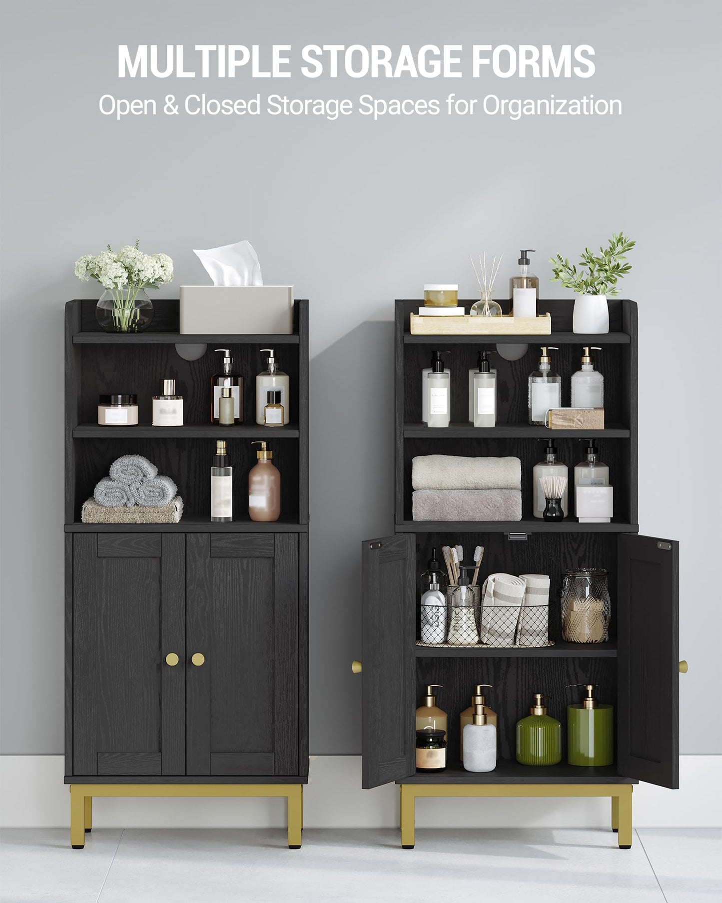 Hzuaneri Bathroom Storage Cabinet, Small Floor Cabinet with 2 Door and Shelves, Toilet Paper Cabinets, Bathroom Organizer with Adjustable Shelf, for Small Spaces Black,Square Door,7.1" Dx14.6 Wx32.7 H