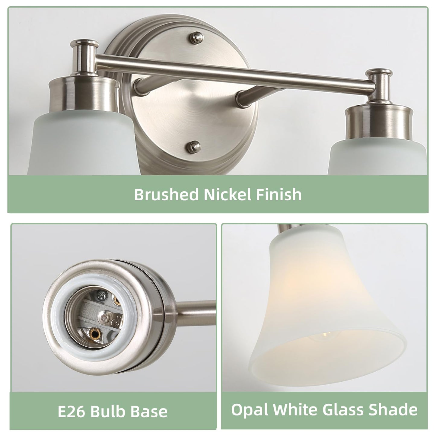 LOUSACE 2 Light Bathroom Vanity Light Brushed Nickel Bathroom Lighting Fixtures Over Mirror with Opal White Frosted Glass, Vintage Traditional Wall Lighting Fixture Satin Nickel Vanity Lights
