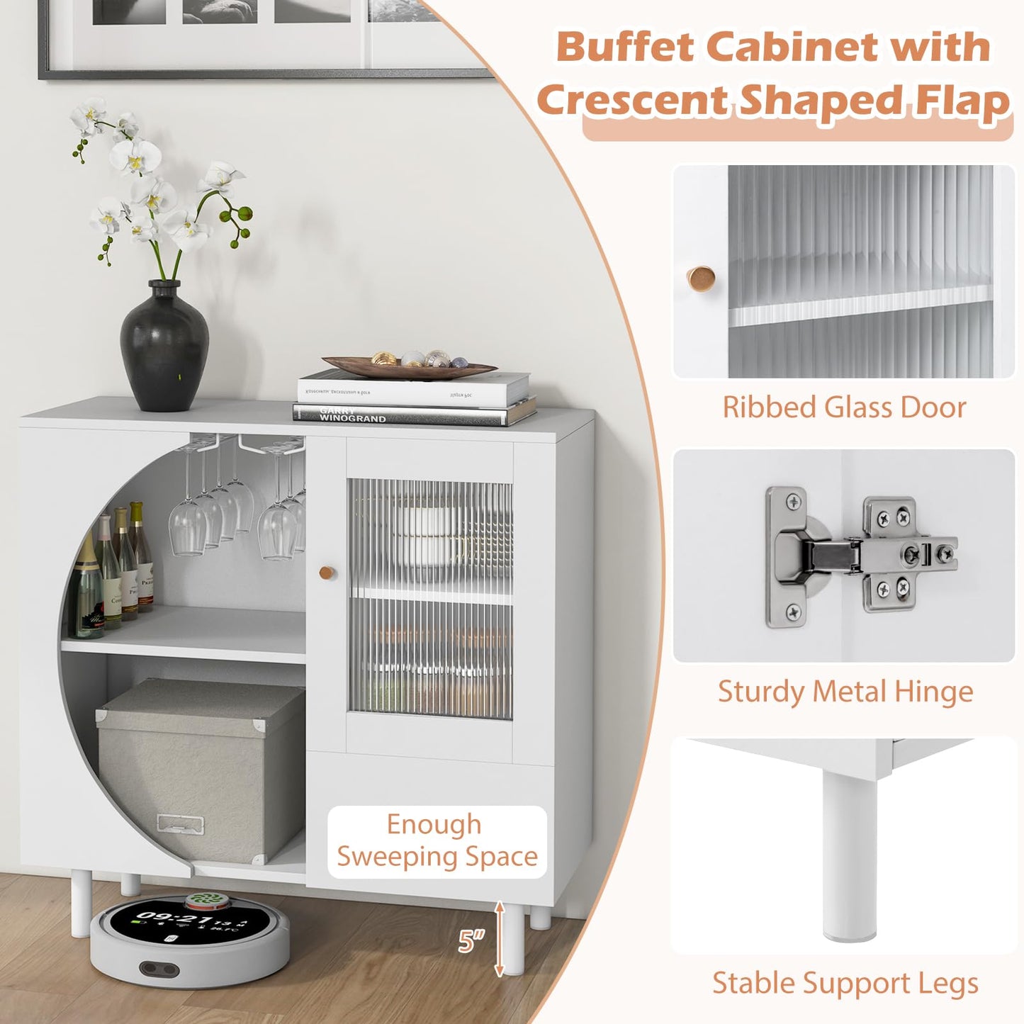LOKO Buffet Cabinet with Storage, Wine Bar Cabinet with Glass Holder, Tempered Glass Door & Drawer, Modern Console Cabinet, Accent Floor Storage Cabinet for Kitchen, Living Room, White