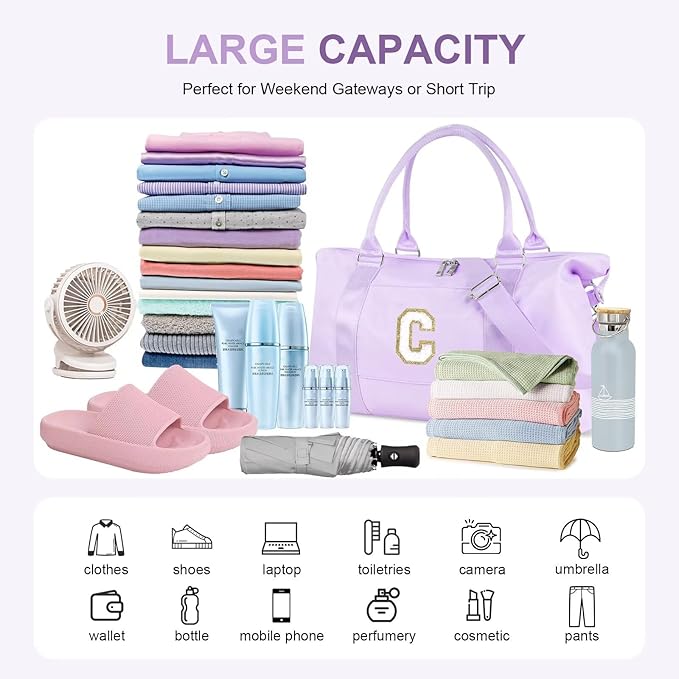 Dance Gym Duffel Bag for Teen Girls, Personalized Initial Travel Weekender Bag,Cute Overnight Carry On Duffle for Women,Sports Travel Cheer Bag,Monogram Christmas Gifts for Tween Preppy(purple-C)