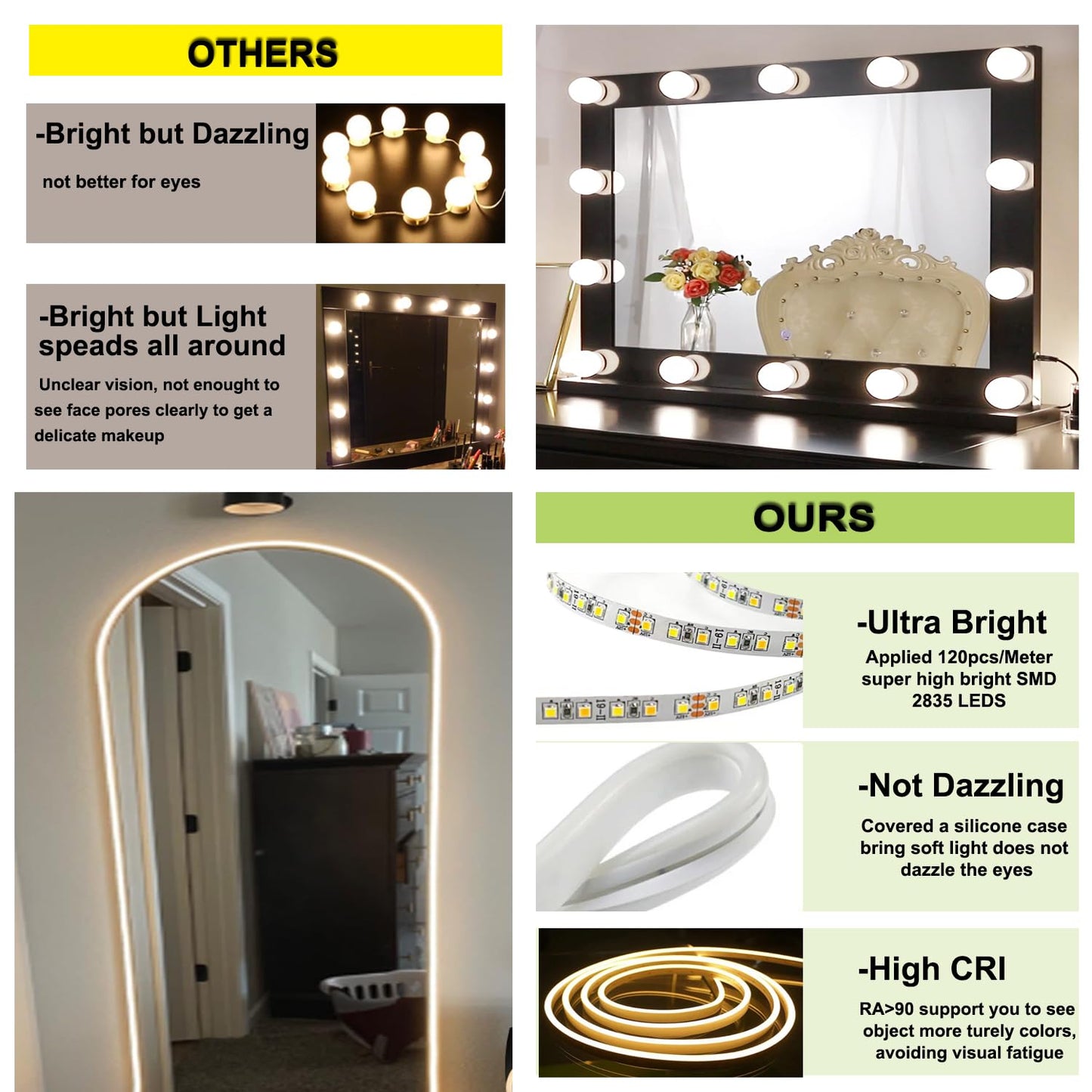 LED Vanity Mirror Lights 16.4FT, Strong Adhesive Dimmable Silicone Strip Lights for Mirror, Waterproof Eye-Care Warm White 3000K Flexible Lighting for Bedroom Bathroom (Mirror NOT Included)