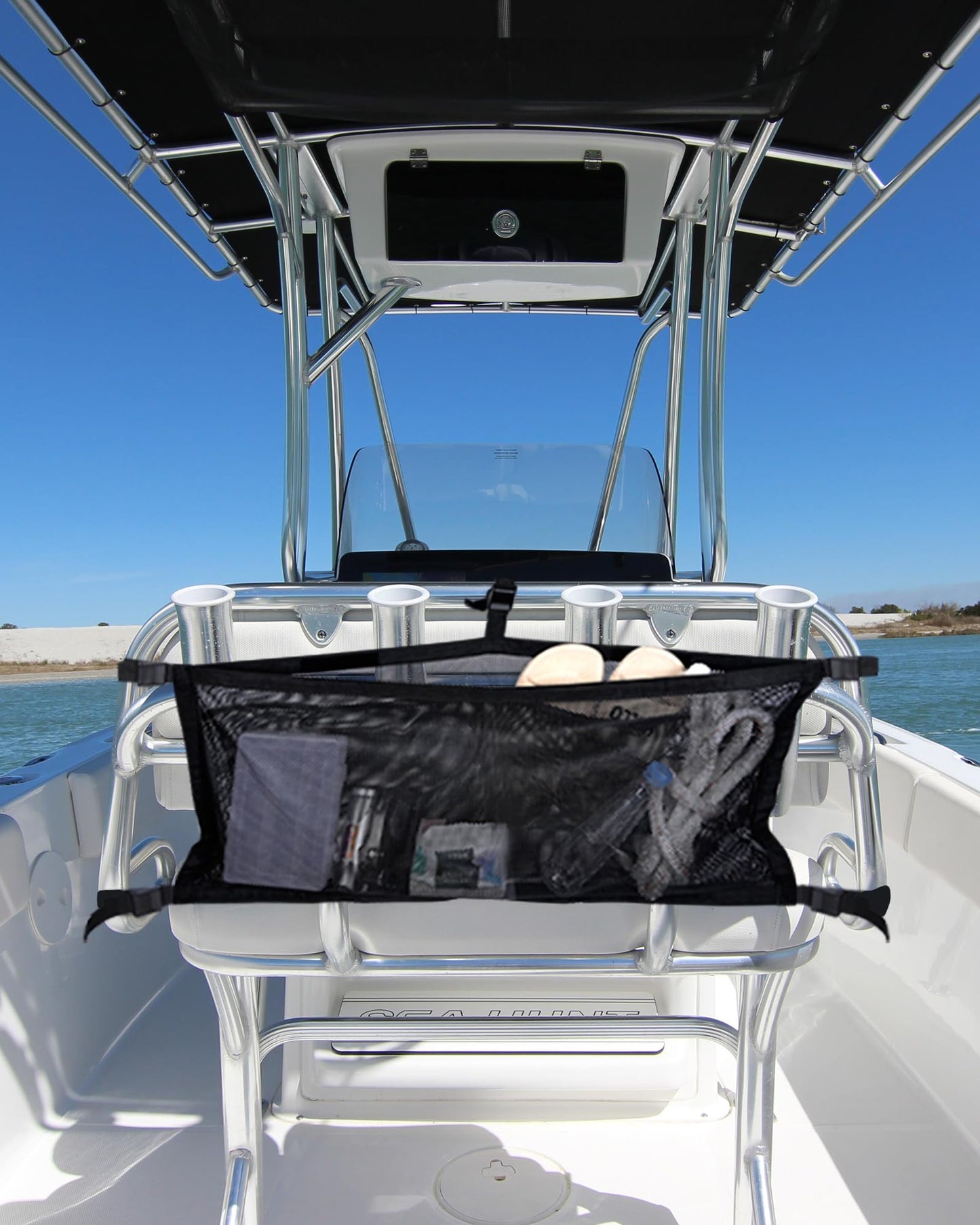 PLOZANO Boat Storage Bag with 3 Divisions, Adjustable Organizer, Mesh Tackle & Life Jacket Holder, Suspended Net for Leaning Post (32 INCH)