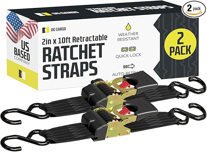 DC Cargo Mall Auto Retractable Ratchet Straps (2-Pack) 2” x 10ft, Super Heavy Duty, 3,033lb Break Strength – Tie Down Straps for Cargo, Truck, Trailer, Boats