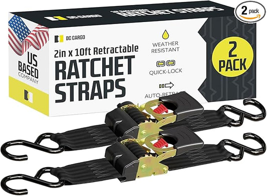DC Cargo Mall Auto Retractable Ratchet Straps (2-Pack) 2” x 10ft, Super Heavy Duty, 3,033lb Break Strength – Tie Down Straps for Cargo, Truck, Trailer, Boats