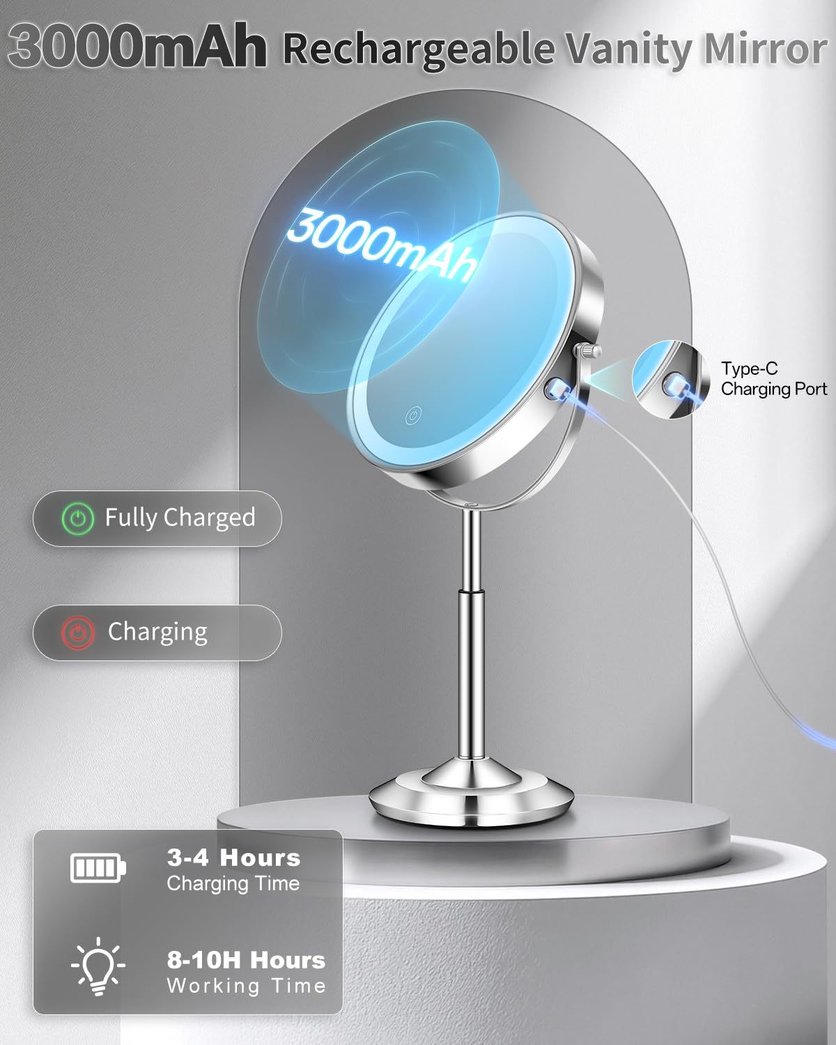 VFD 30X/1X Makeup Mirror with Lights, Height Adjustable Lighted Magnifying Vanity Mirror with 3 Lighting and Adjustable Brightness, 3000mAh Rechargeable Double Sided Switch