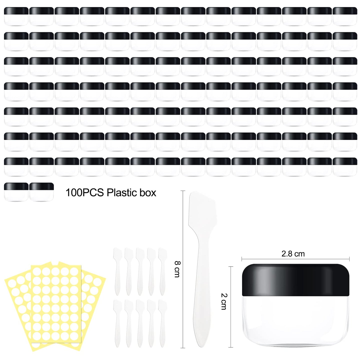 100 Pieces 5ml/5 Gram Empty Containers Mini Clear Jar Sample Transparent Cream Cosmetic Bottle Containers with 10 Pieces Mini Spatulas,Label (black)