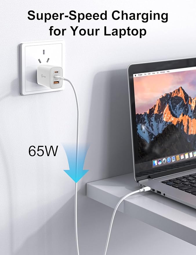 65W USB C Charger Block, 3-Port Foldable Type c Fast Charging for MacBook Air MacBook Pro 14 15 16 17, iPhone 17/16/15/14, Galaxy S25/S24/S23, iPad, AirPods & More (2Packs Without Cable)