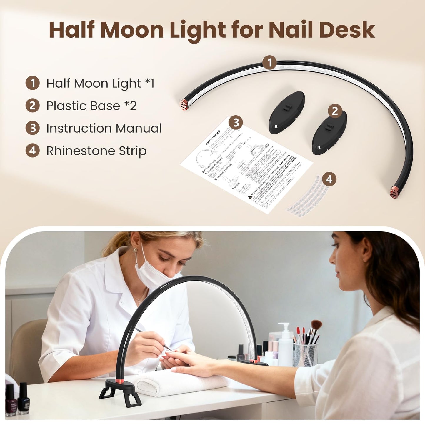 Yokilly Arc Half Moon Light: 20" Half Moon Light with Foldable Bracket for Desk Salon Table Use - No Flicker & Shadow-Free Desk Lamp with Stepless Brightness 3000-6500K for Manicurist Nail Tech