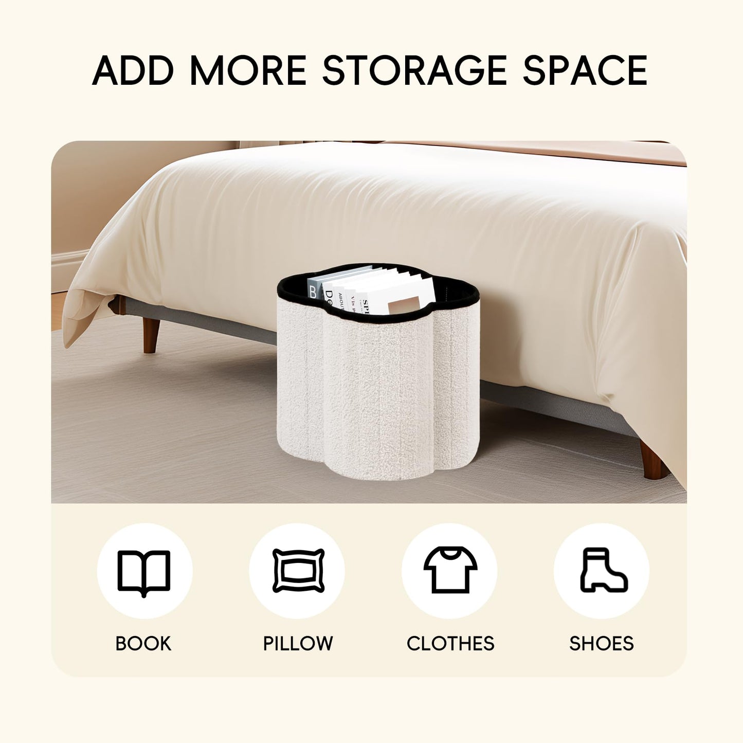 PINPLUS Storage Ottoman Cube Flower-Shaped Boucle Footrest with Hidden Storage, Multi-Functional Cube Seat for Living Room, Dorm - White 12.6"x12.6"x12.6"