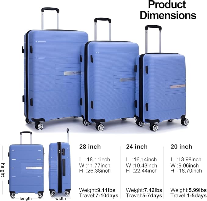 Travelhouse Luggage Sets, Expandable Hardside Suitcases 24in/28in, Carry on 20in,3 Piece Set Travel Luggages Clearance with Double Spinner Wheels TSA Lock Lightweight (Light Blue-1206)