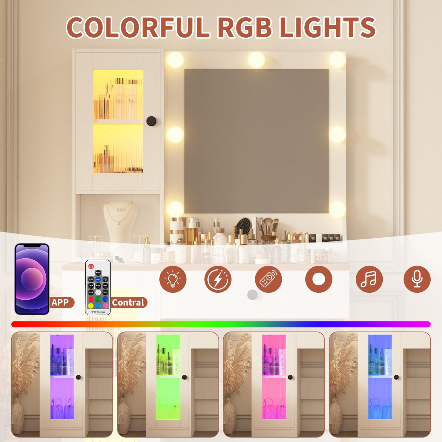 IDEALHOUSE Makeup Vanity Desk with Mirror and Lights, Vanity Table with Charging Station, 2 Open Compartments, 2 Acrylic-Door Cabinets, and RGB Lights Wood Dressing Table for Bedroom