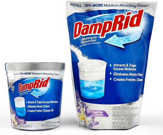 Damp Rid Moisture Absorber Refillable System – 44oz Damp Rid Refill Bag with 11oz Cup, Odor and Moisture Absorber for Closet, Bathroom & Home, Lavender Vanilla– ILIOS Packaging