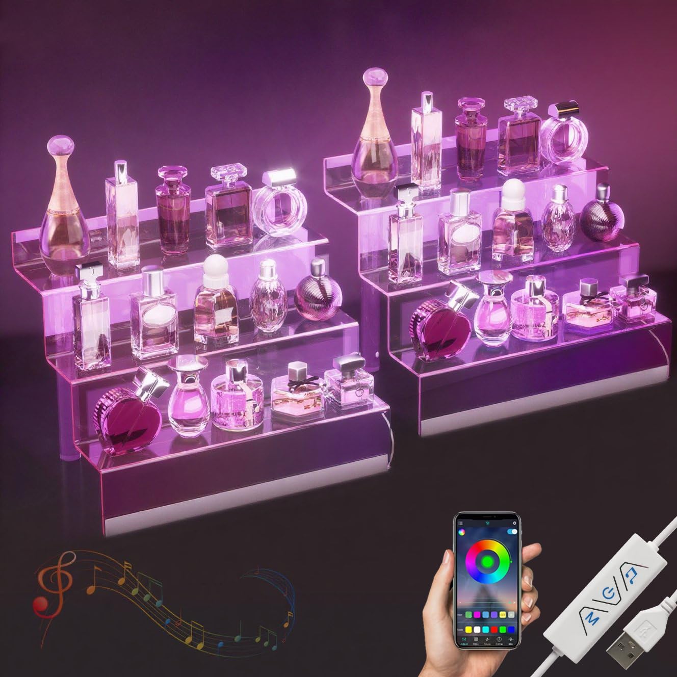 12” Acrylic Display Organizer with LED Light - 3 Tier Perfume Organizer for Women, Cologne Organizer for Men, Figures Stand, Clear Riser, Perfume Stand and Display Step Shelves Holder, 2 Pack Stands