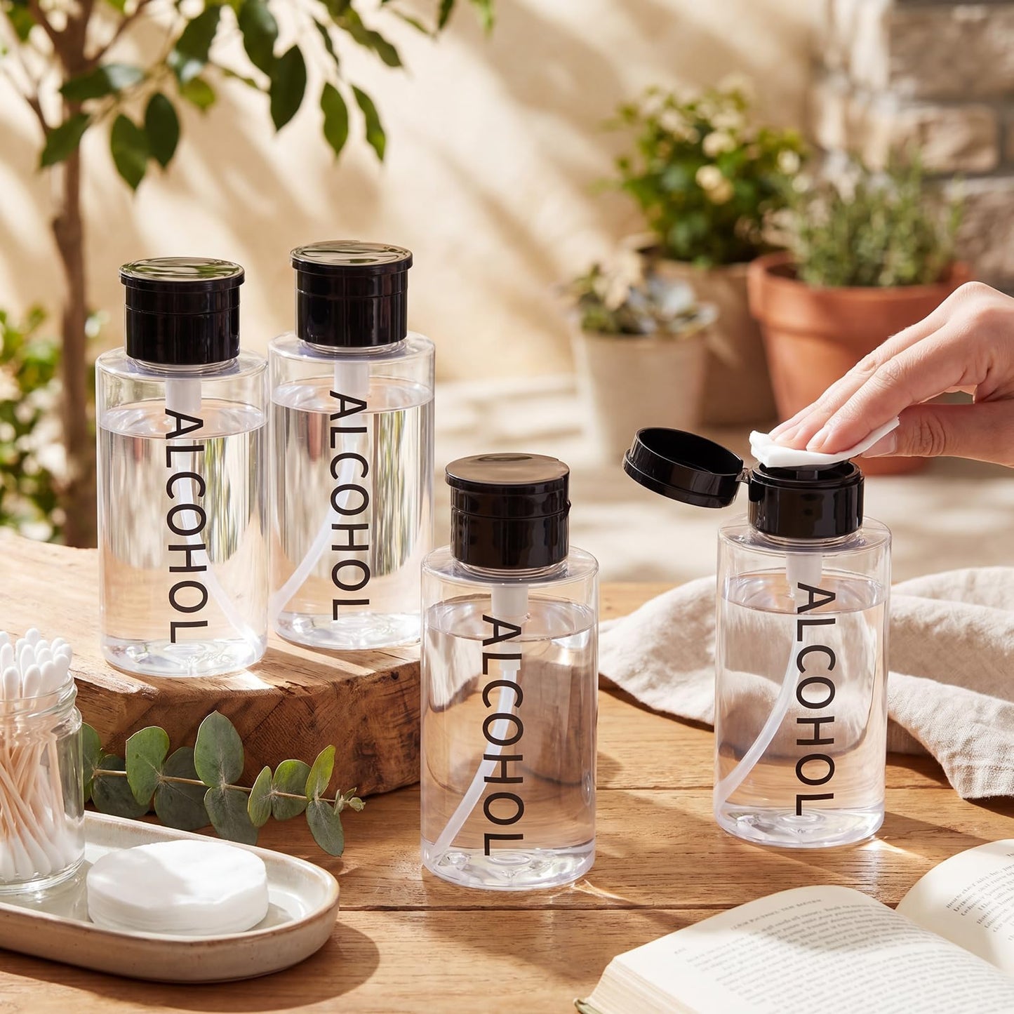 Layhit 6 Pcs 10 oz Alcohol Pump Dispenser Bottles Alcohol Push Down Liquid Dispenser Empty Pumping Bottle Refillable Cosmetic Container for Personal, Salon, Nail Care (Black Cap + Clear Bottle)
