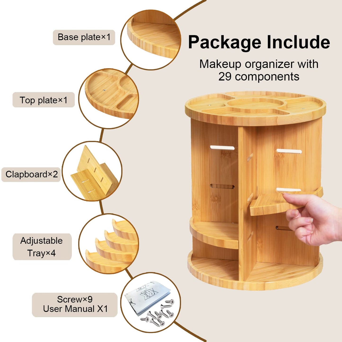 VVW Rotating Bamboo Makeup Organizer,360 Degree Spinning Adjustable Bamboo Vanity Makeup Holder Rack,Large Capacity Cosmetics Storage Display Box,Fits Makeup,Skincare,Cologne (Beige1)