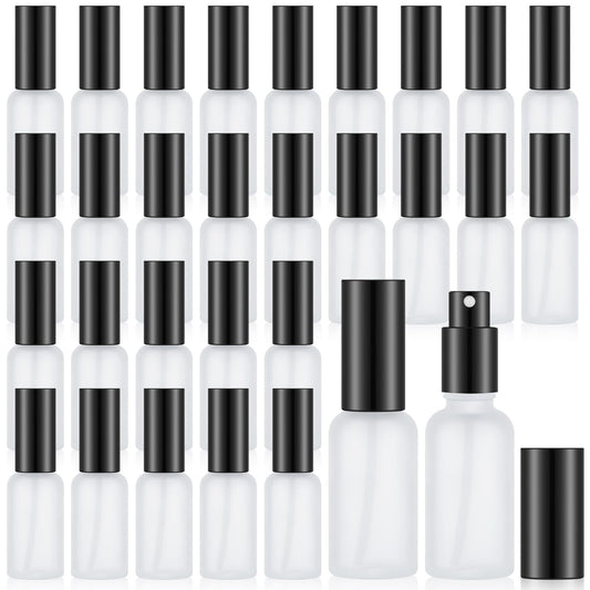 Roshtia 30 Pcs Glass Spray Bottle Clear Empty Bottles Small Refillable Reusable Perfume Bottle with Fine Mist Sprayer Pump for Face Body Travel(1oz,Black)