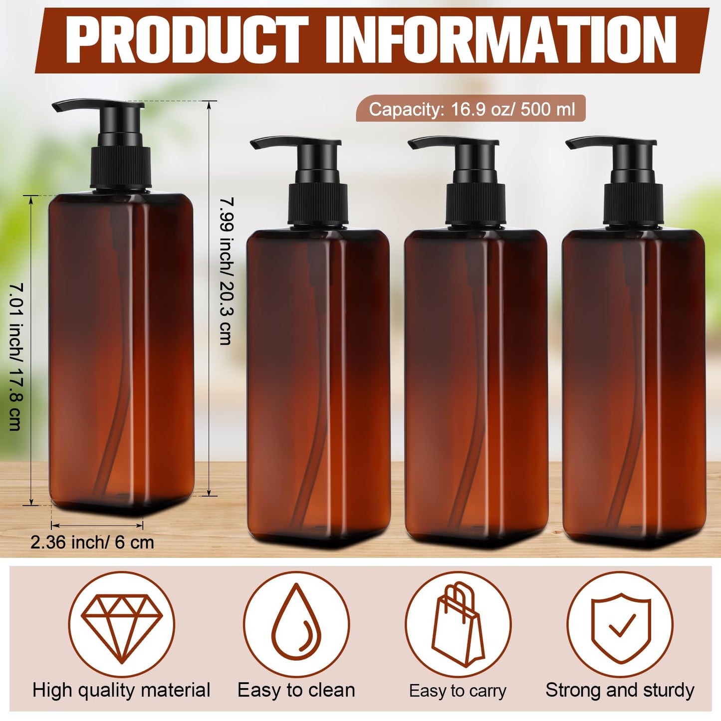 Didaey 8 Pcs Amber Plastic Bottles with Pump 16 oz Refillable Shampoo Dispenser Empty Body Wash Soap Conditioner Lotion Bottles for Bathroom, Kitchen Sink, Hotel, Salon, Cosmetic
