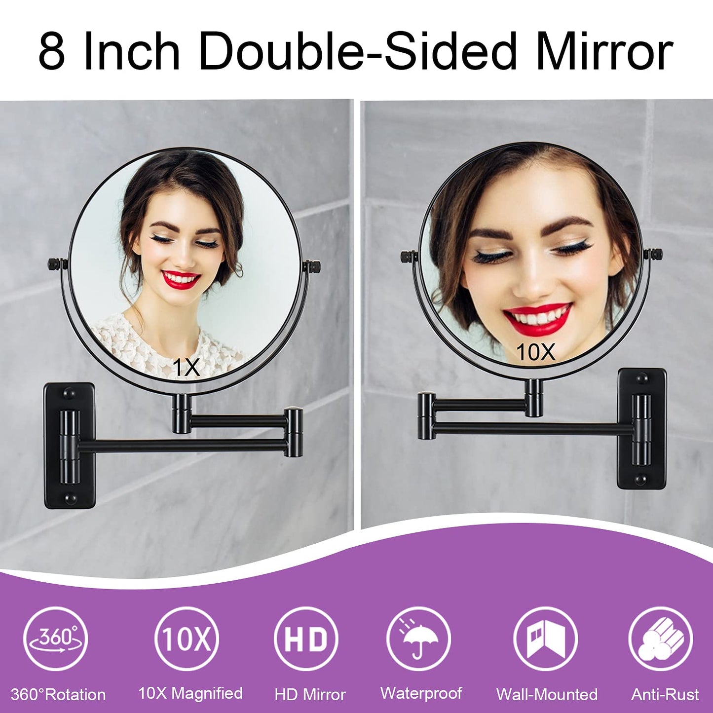 LANSI 8" Wall Mounted Makeup Mirror with 1X 10X Magnification, Matte Black