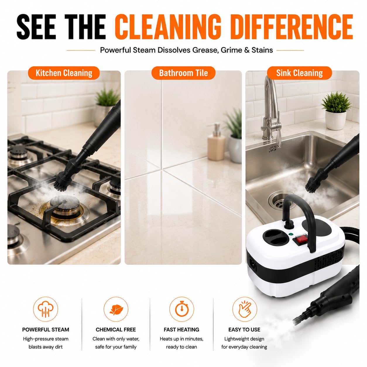 VERIBURRASCAN Pressurized Handheld Steam Cleaner, 221°F High-Temp Steamer for Deep Cleaning, Chemical-Free for Pets & Kids, 10-Piece Accessory Kit for Car, Couch, Grout, Tile & Floor