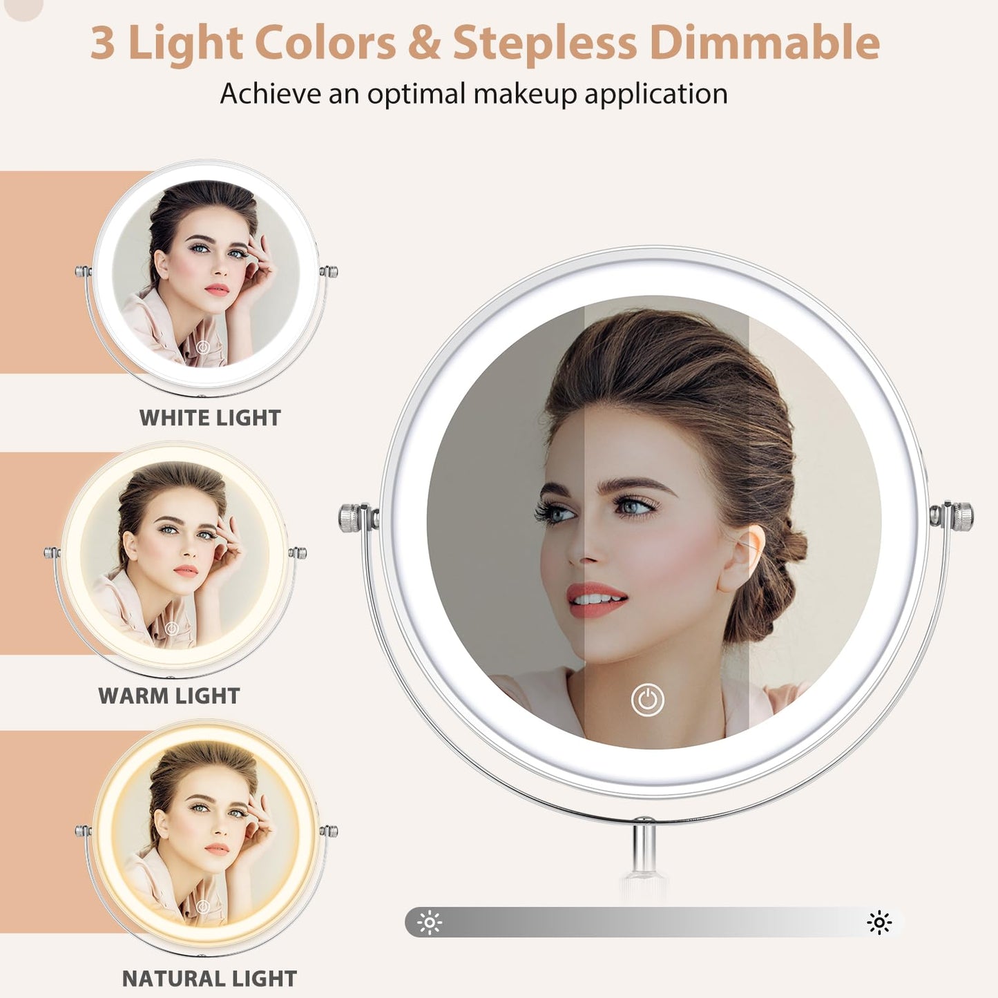 FFowcye 8" Lighted Makeup Mirror with Adjustable Height, 1X/10X Magnification, Rechargeable LED Vanity Mirror with 3 Color Modes, 360° Rotating Touch Screen, Magnifying Tabletop Cosmetic Mirror