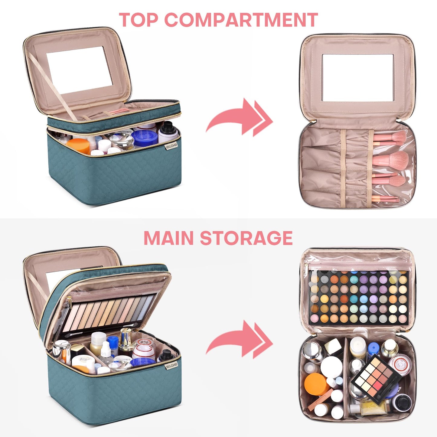 HXLGMD Large Makeup Bag with Mirror Double Layer Travel Make Up Organizer Case, Large Capacity Coemetic with Brush Slot Divider, Travel Toiletry Bag for Women (Lake Blue)