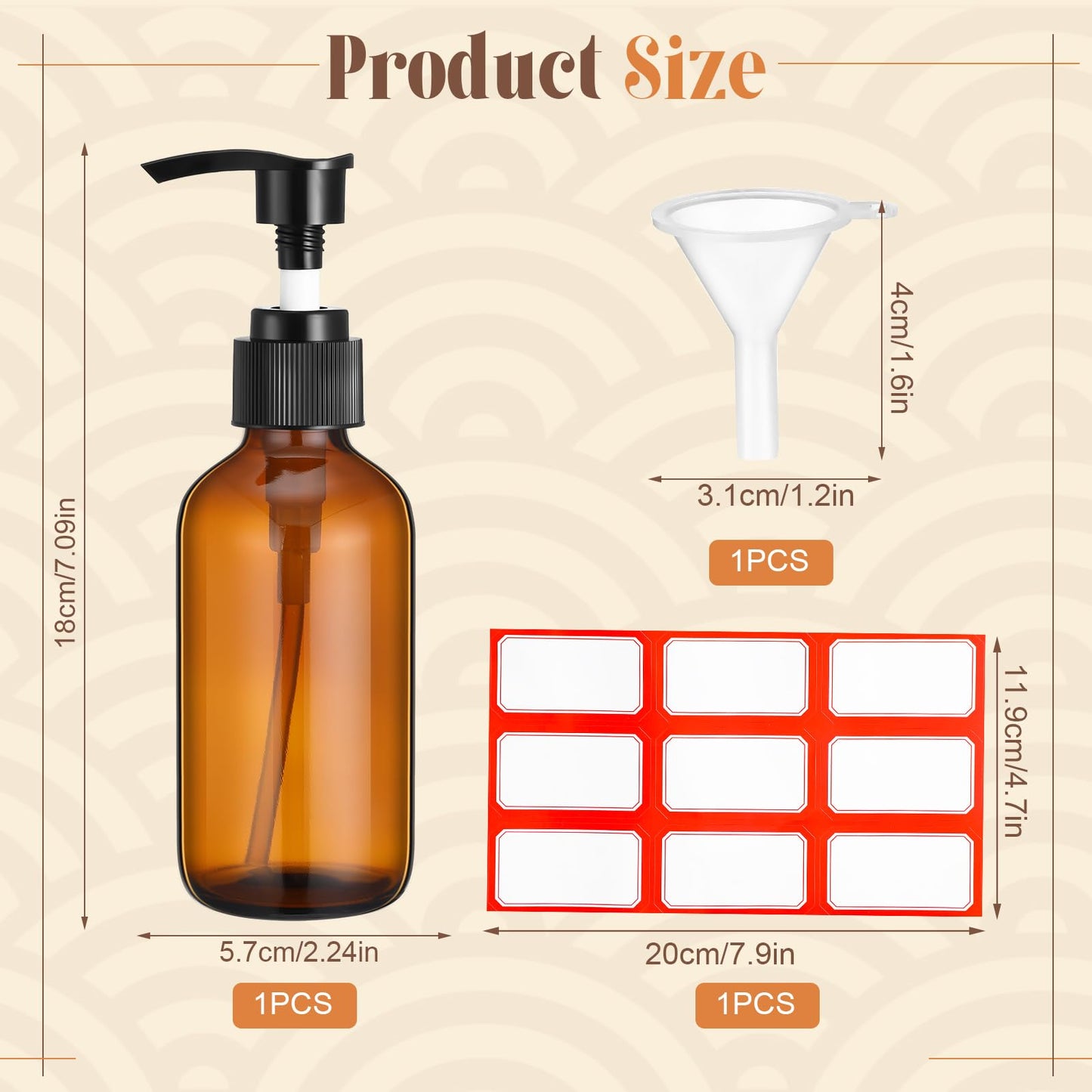 Fumete 2 Pack Glass Bottles 4oz Empty Refillable Liquid Containers with 1 Label 1 Funnel for Essential Oils Hair Travel Plants Cleaning Skin Care(Amber, Black Top,Pump Bottle)