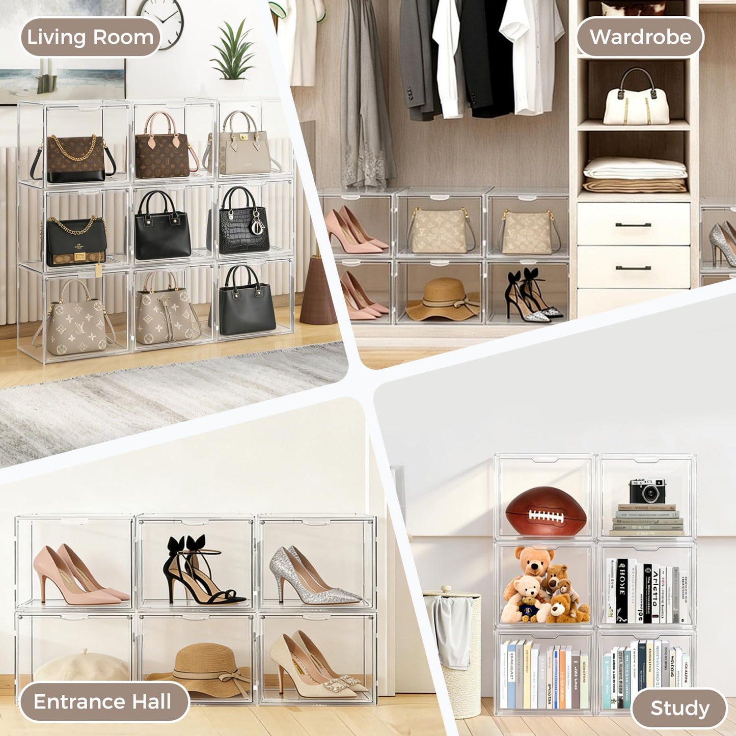 Cutora 15 Pack Acrylic Purse Organizer for Closet, Stackable Clear Handbag Storage Bins with Magnetic Doors, Display Case for Purses, Hats, Books, and Collectibles