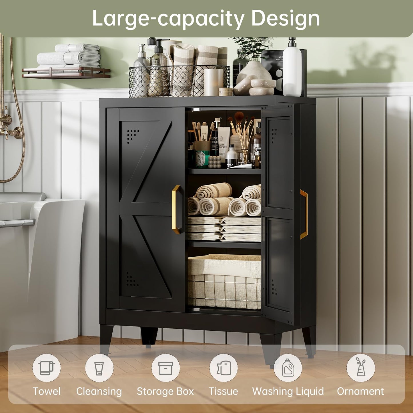 JHYKFG 32" Metal Kitchen Pantry Cabinet,Floor Bathroom Storage Cabinet with 2 Adjustable Shelves,Freestanding Sideboard for Small Spaces, Living Room, Hallway, Dining Room,Black